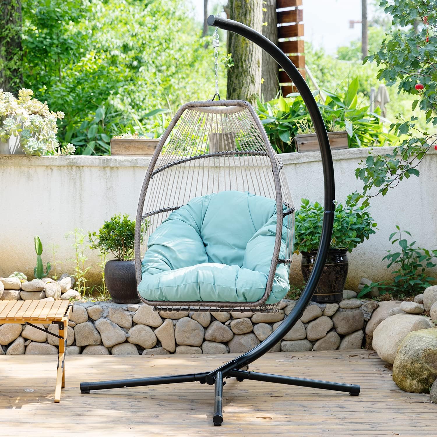 Hanging Swing Chair Egg Chair Hammock Chair Basket Chair UV Resistant Cushion with Stand for Indoor Bedroom Outdoor Garden Backyard,Blue