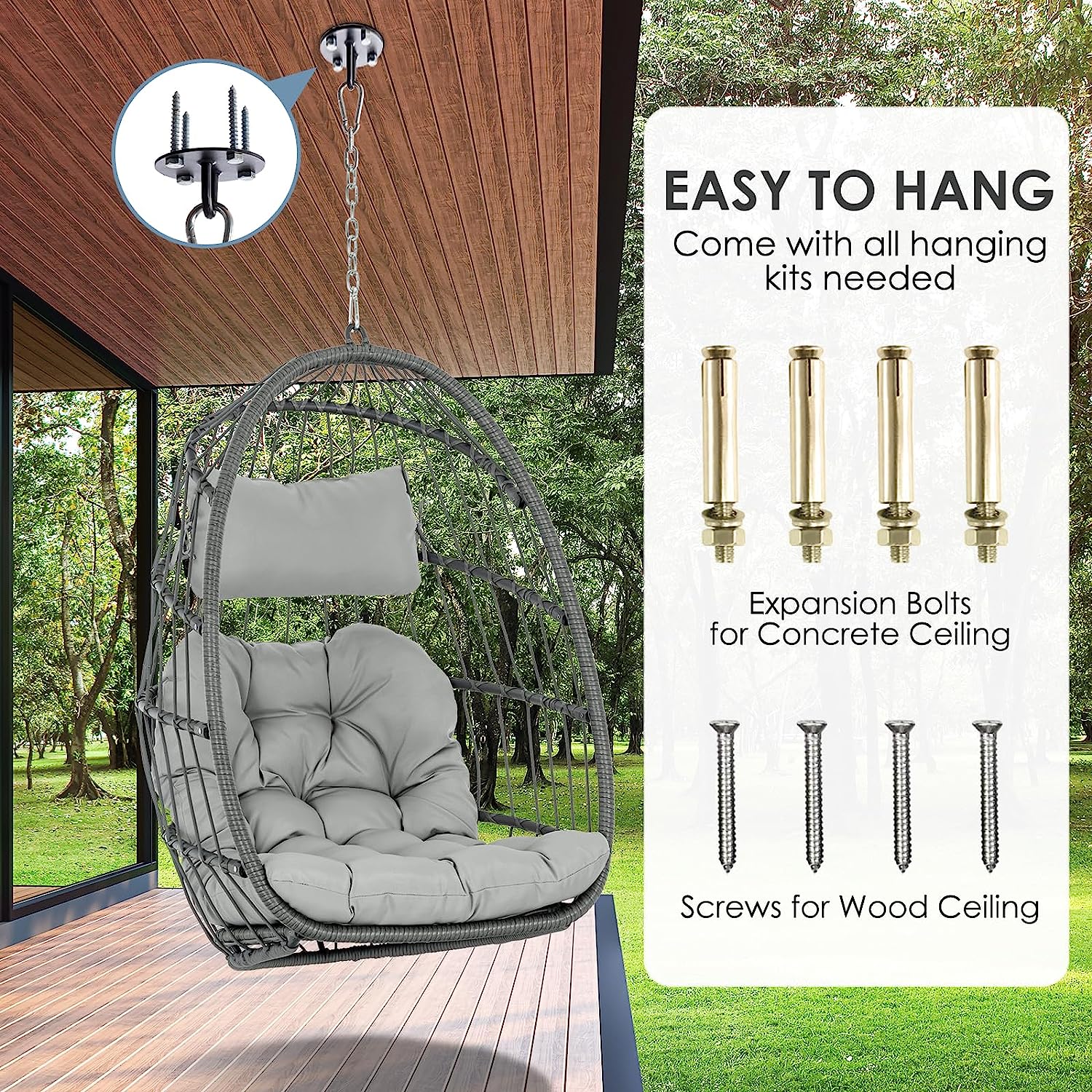 Hanging Egg Chair Without Stand - Foldable Indoor Outdoor Wicker Rattan Swing Egg Chair with Hanging Chain Hammock Chair - UV Resistant Cushions & Aluminum Frame for Bedroom Patio Camping (Grey)