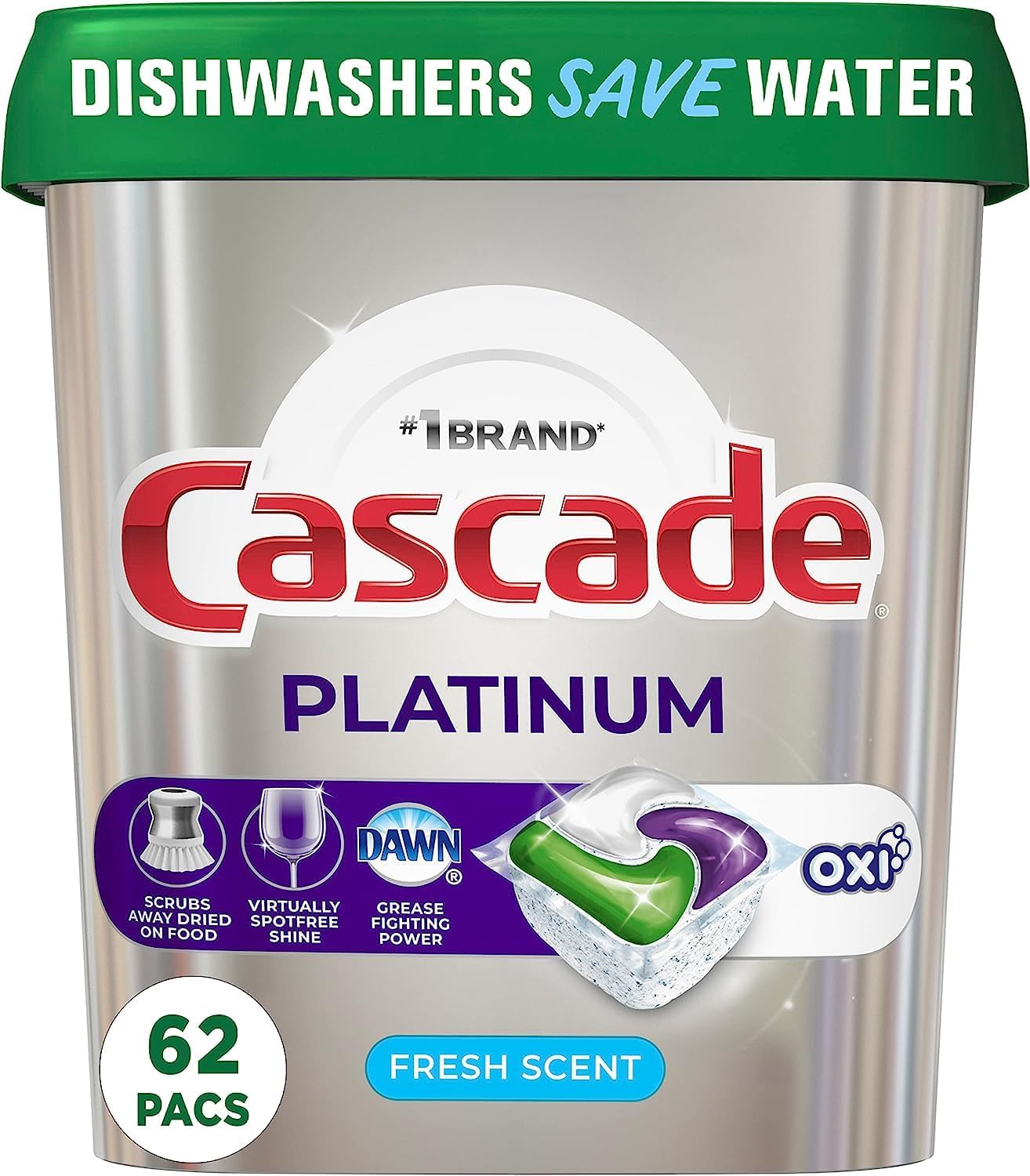 Cascade Platinum Dishwasher Pods, Dishwasher Detergent, Dishwasher Pod, Dishwasher Soap Pod, Actionpacs Dish Washing Pod, Lemon, 62 Count Dishwasher Detergent Pods
