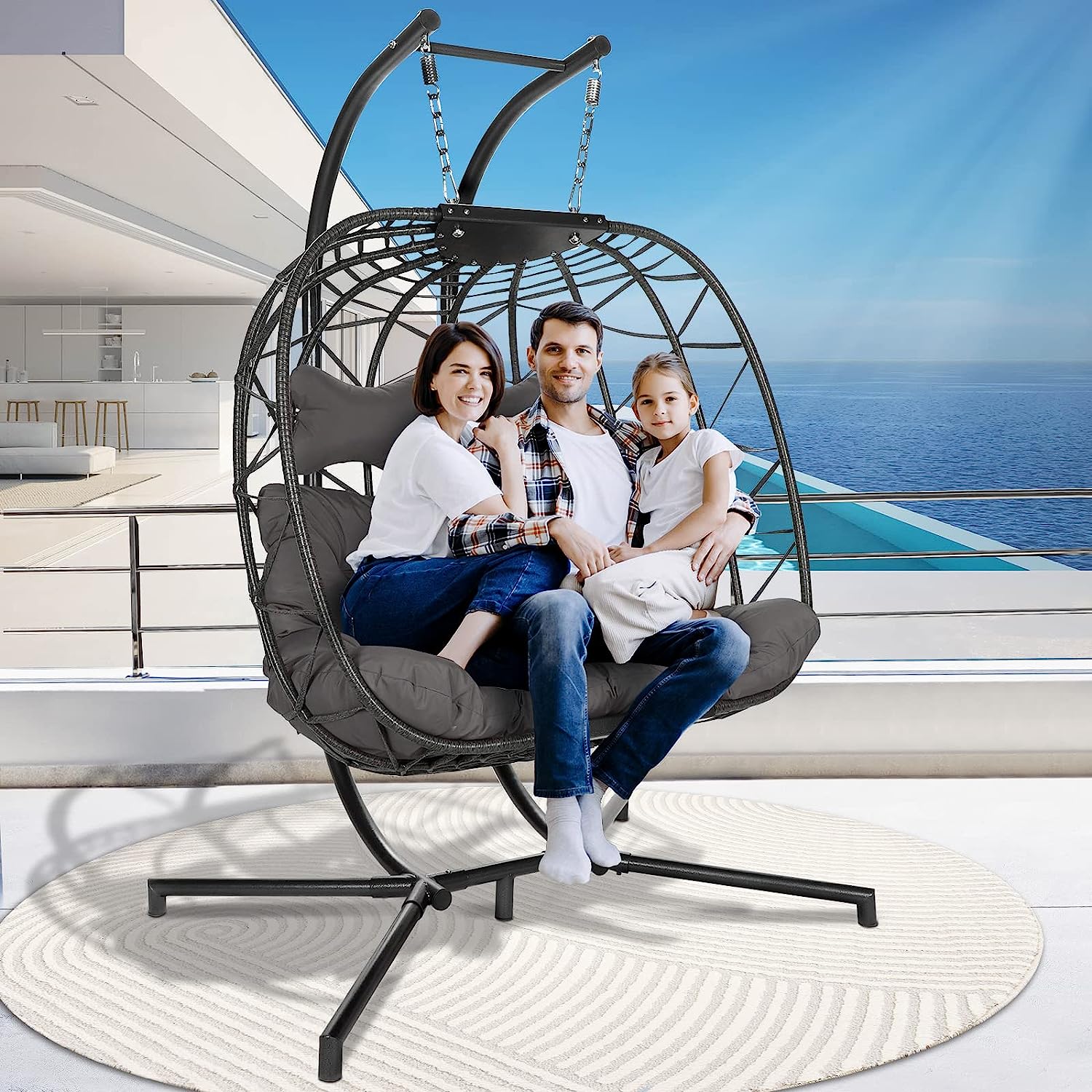 RADIATA Foldable Wicker Rattan Hanging Egg Chair with Stand, Swing Chair with Cushion and Pillow, Lounging Chair for Indoor Outdoor Bedroom Patio Garden (Beige with Stand)
