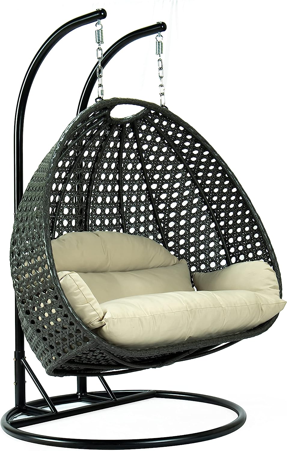 LeisureMod 2 Person Hanging Double Swing Chair, X-Large Wicker Rattan Egg Chair with Stand and Cushion for Indoor Outdoor Patio Garden (Light Green)