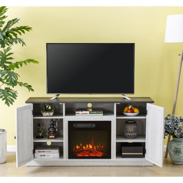 54 in. Saw Cut-Off White TV Stand for TVs up to 60 in. with Electric Fireplace