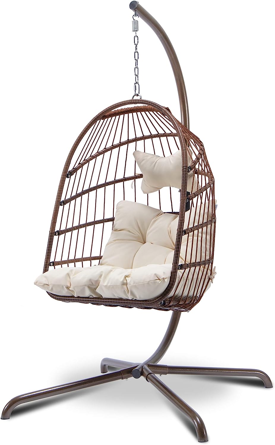 in Door Outdoor Patio Wicker Hanging Chair Swing Chair Patio Egg Chair UV Resistant Beige Cushion Aluminum Frame (Brown)