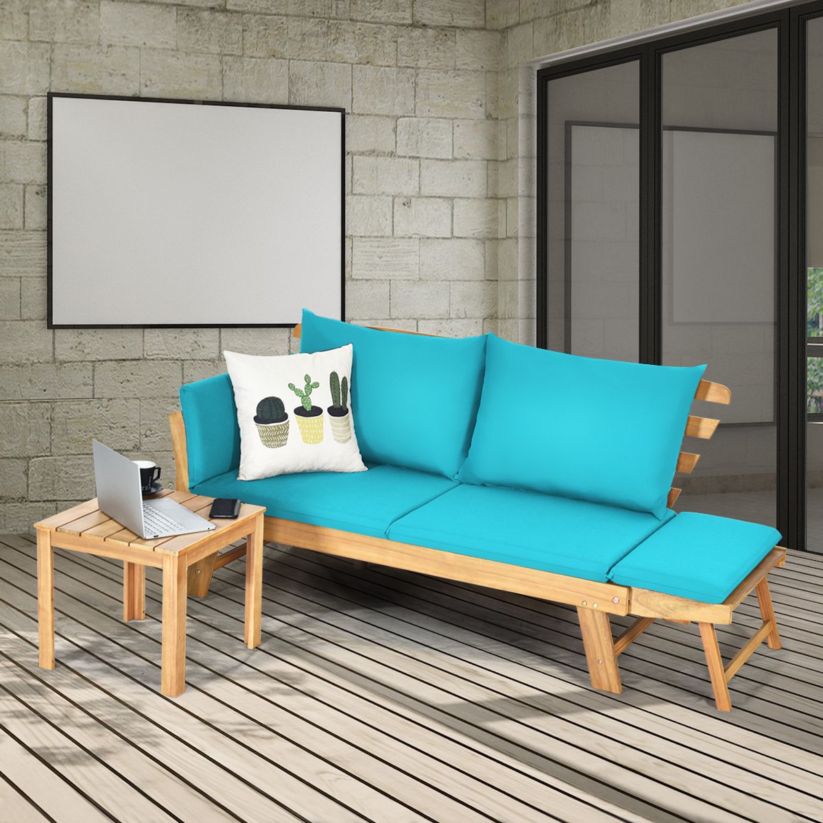 Chaise Longue Convertible avec Coussin Canapé de Jardin 2 en 1 en Bois d’Acacia avec Accoudoir Réglable pour Patio Piscine Jardin Blanc/Gris/Bleu/Rouge