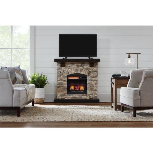 Pembroke 40 in. Freestanding Faux Stone Infrared Electric Fireplace in Tan with Mantel