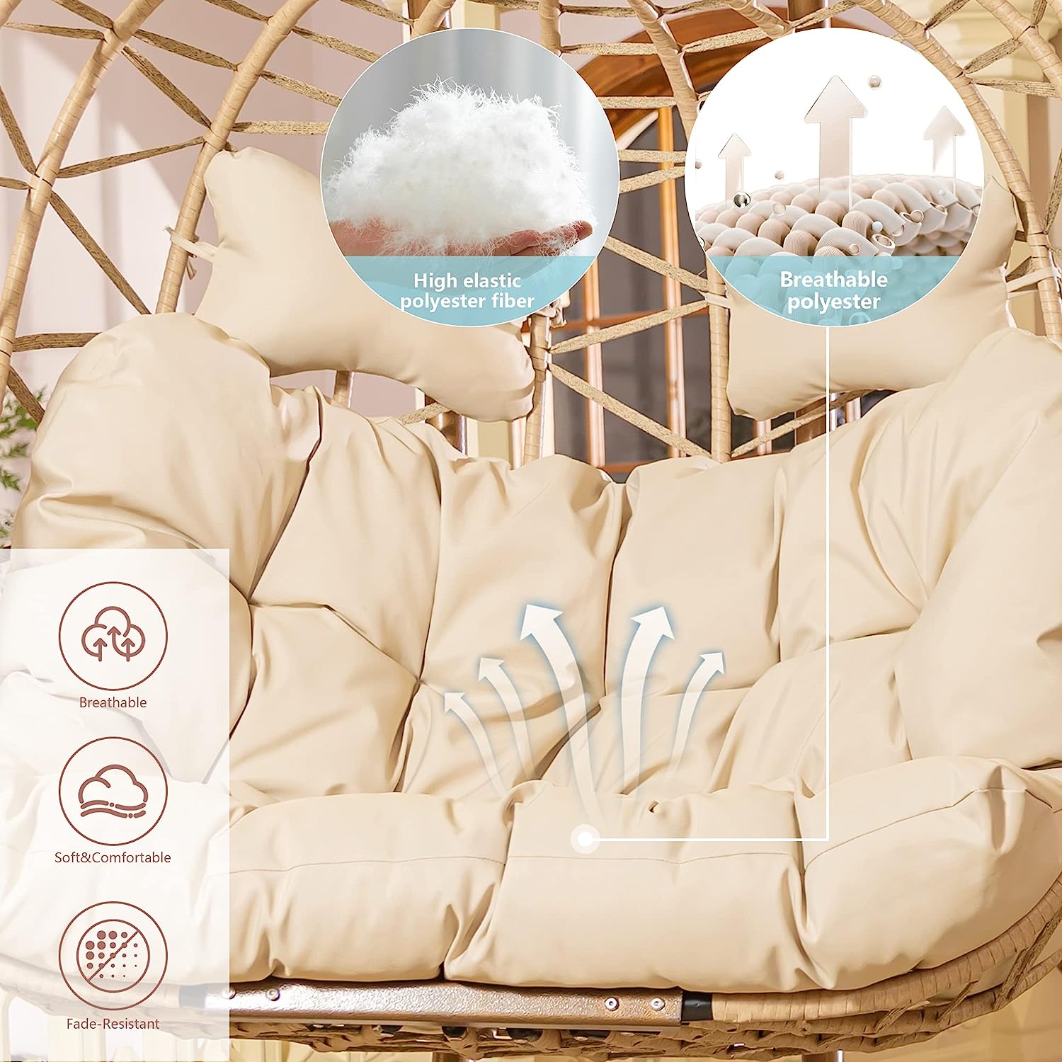 Swing Egg Chair Without Stand Indoor Outdoor Wicker Rattan Patio Basket Hanging Chair with UV Resistant Cushions 265lbs Capaticy for Bedroom Balcony Patio (Without Stand)