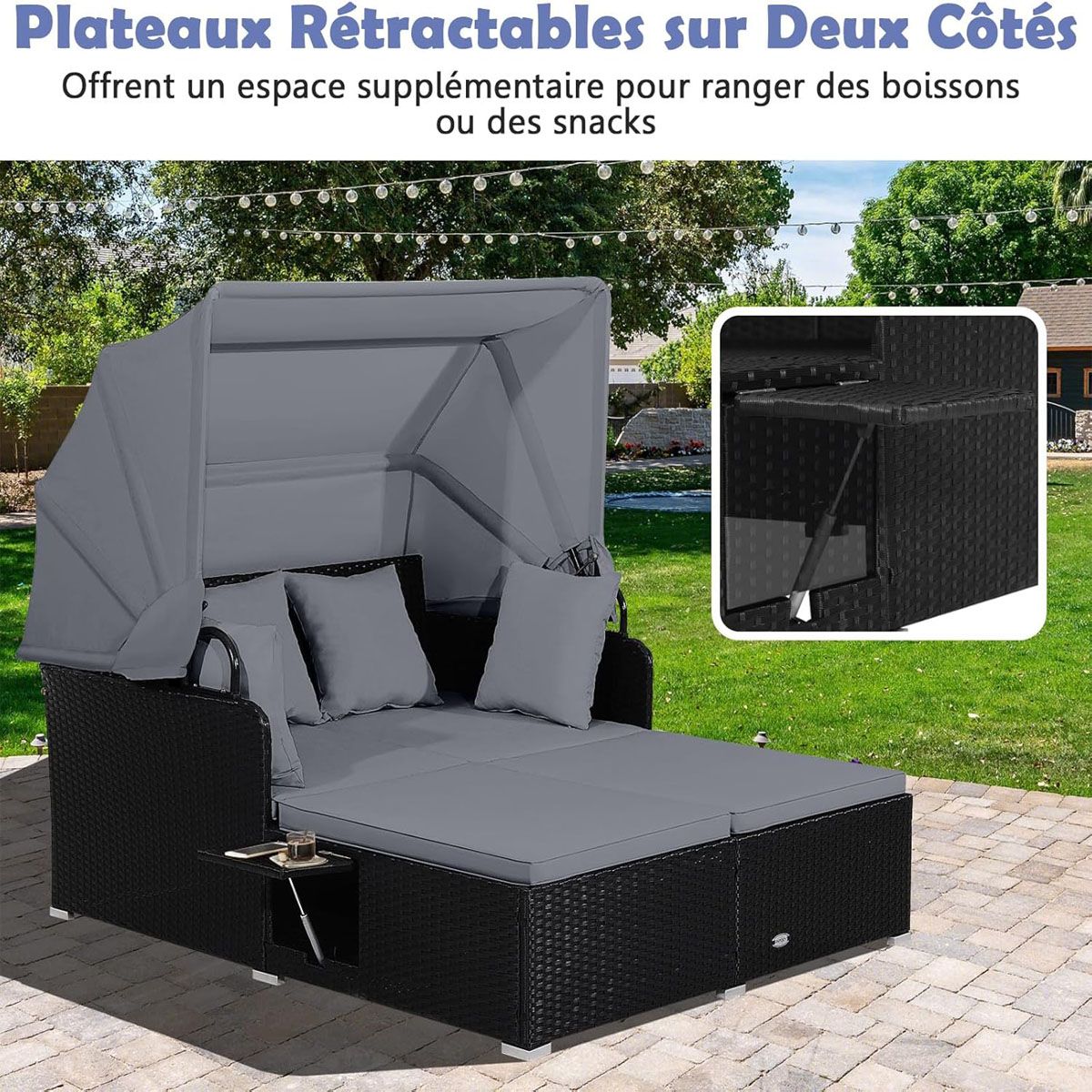 Chaise Longue à 2 Places en Rotin avec Auvent Rétractable Bain de Soleil avec Panneaux Latéraux Pliables Charge 360KG Beige/Gris