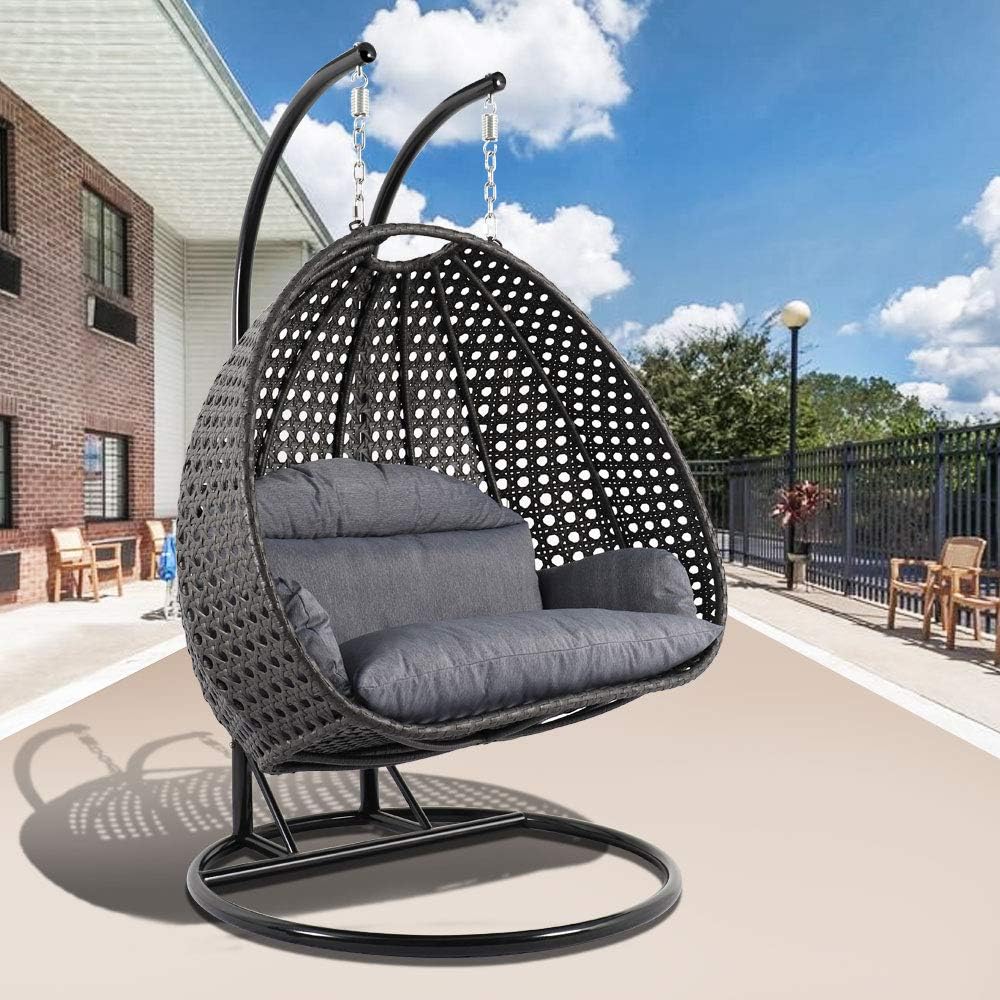 LeisureMod 2 Person Hanging Double Swing Chair, X-Large Wicker Rattan Egg Chair with Stand and Cushion for Indoor Outdoor Patio Garden (Light Green)
