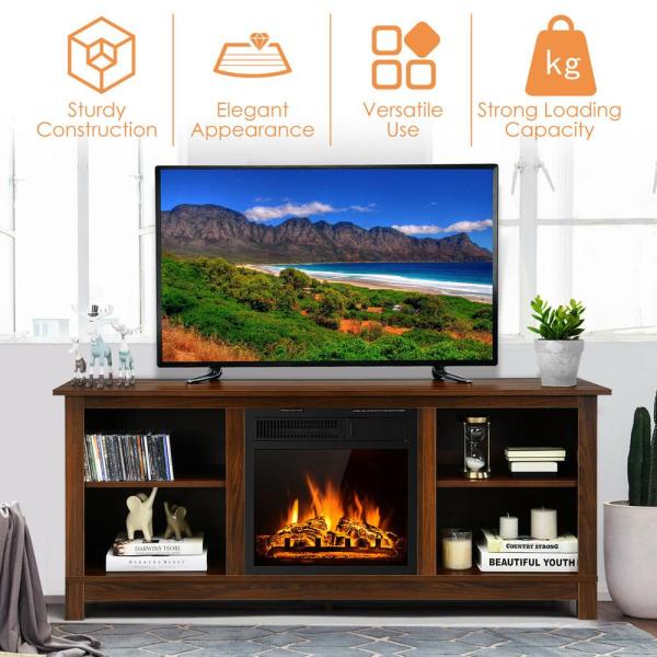 58 in. Fireplace TV Stand with 18 in. 1500-Watt Electric Fireplace 65 in. Walnut (2-Tier)