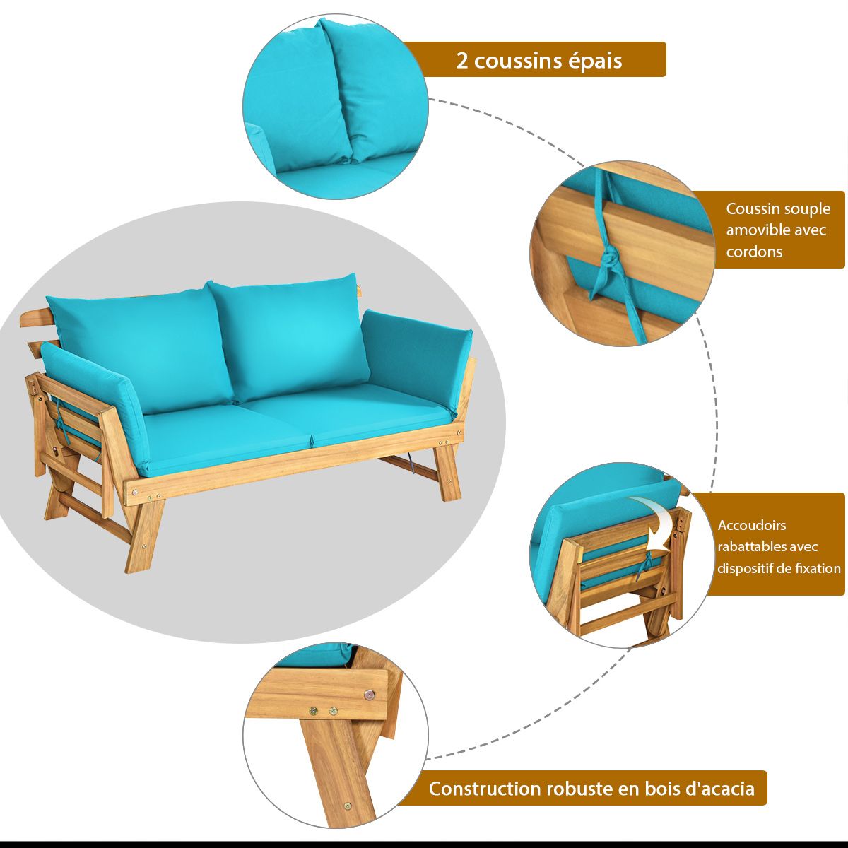 Chaise Longue Convertible avec Coussin Canapé de Jardin 2 en 1 en Bois d’Acacia avec Accoudoir Réglable pour Patio Piscine Jardin Blanc/Gris/Bleu/Rouge