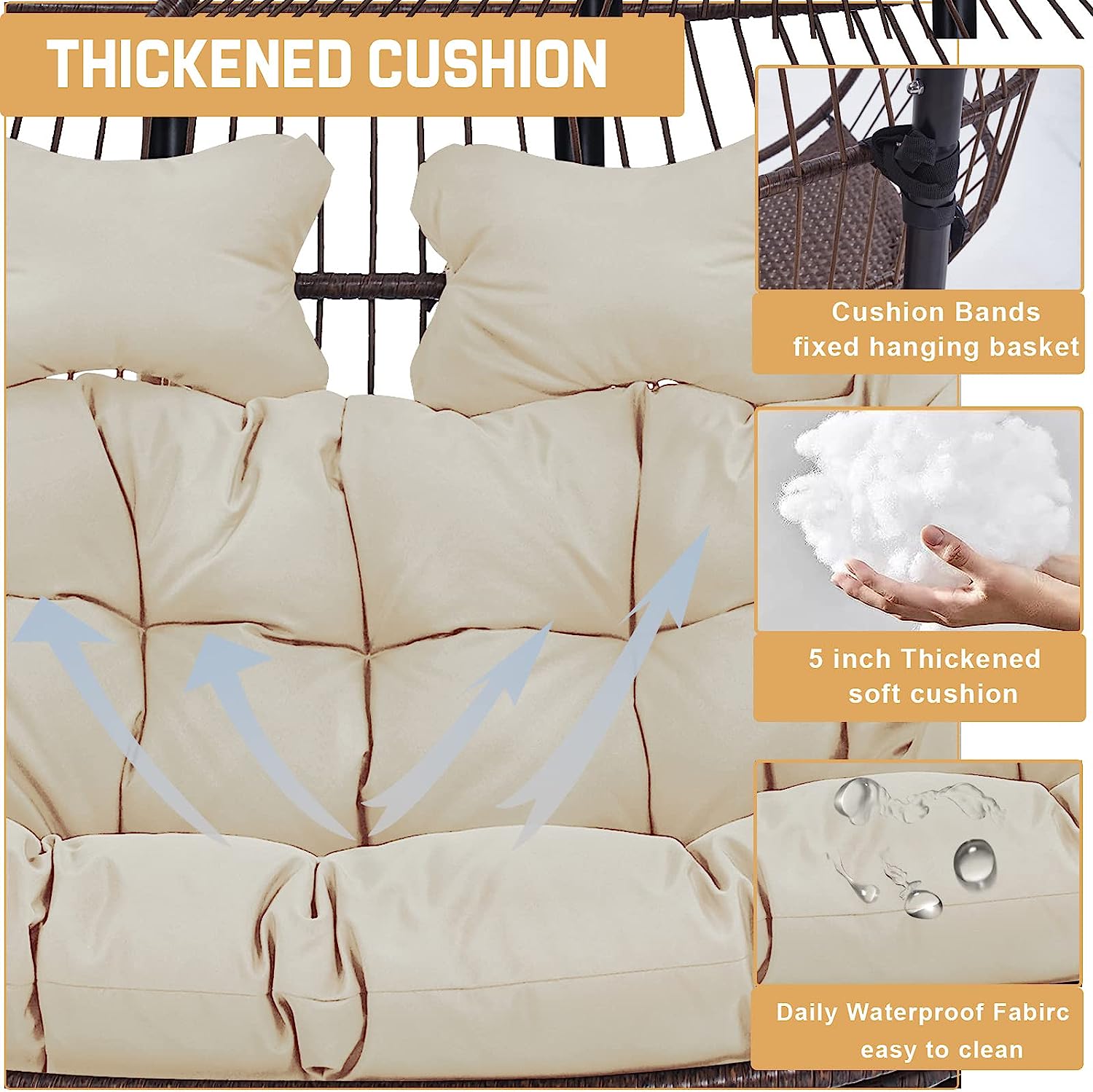 Double Egg Chair with Stand, Foldable 2-Person Hanging Swing Chair with Cover and UV Cushion, X-Large Rattan Wicker Hammock Chair for Indoor Outdoor Garden Patio (Black Frame + Gray Cushion)