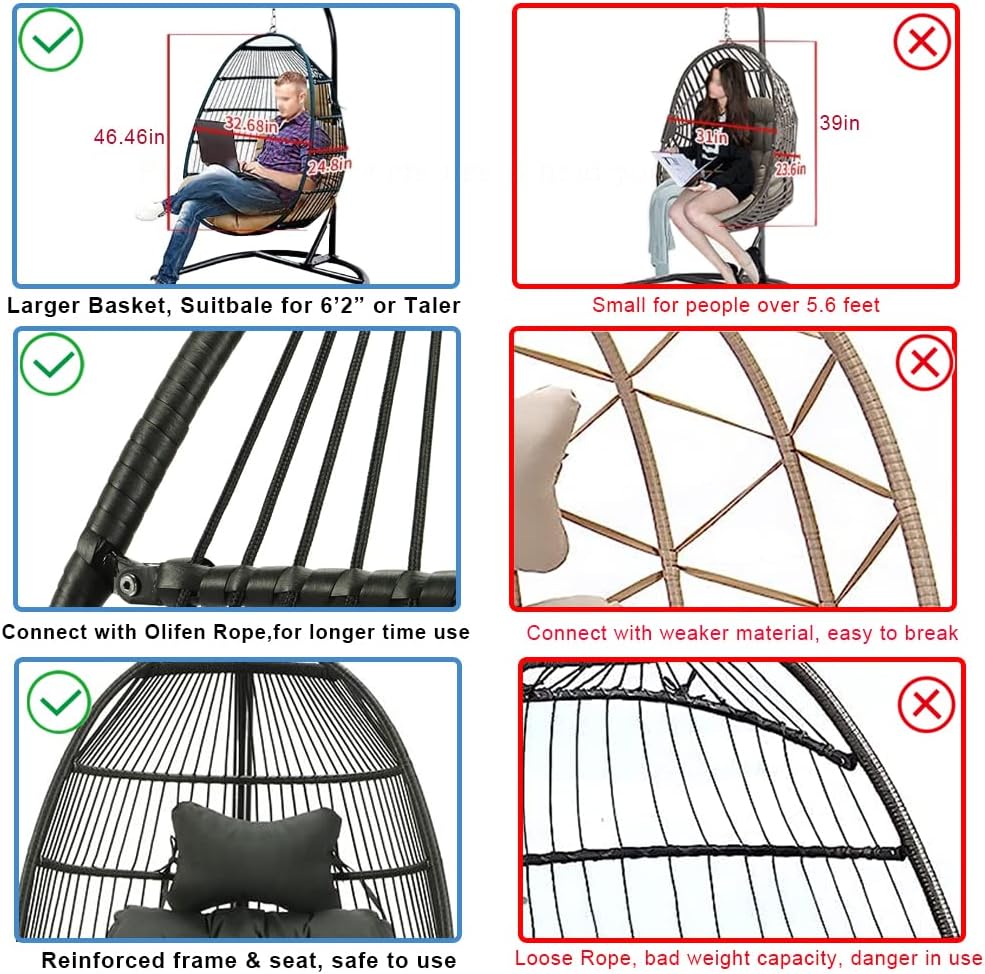 Foldable Swing Chair with Stand, Rattan Wicker Hanging Egg Chair Hammock Chair with Cushion and Pillow for Indoor Outdoor Bedroom Patio Garden (Dark Grey)