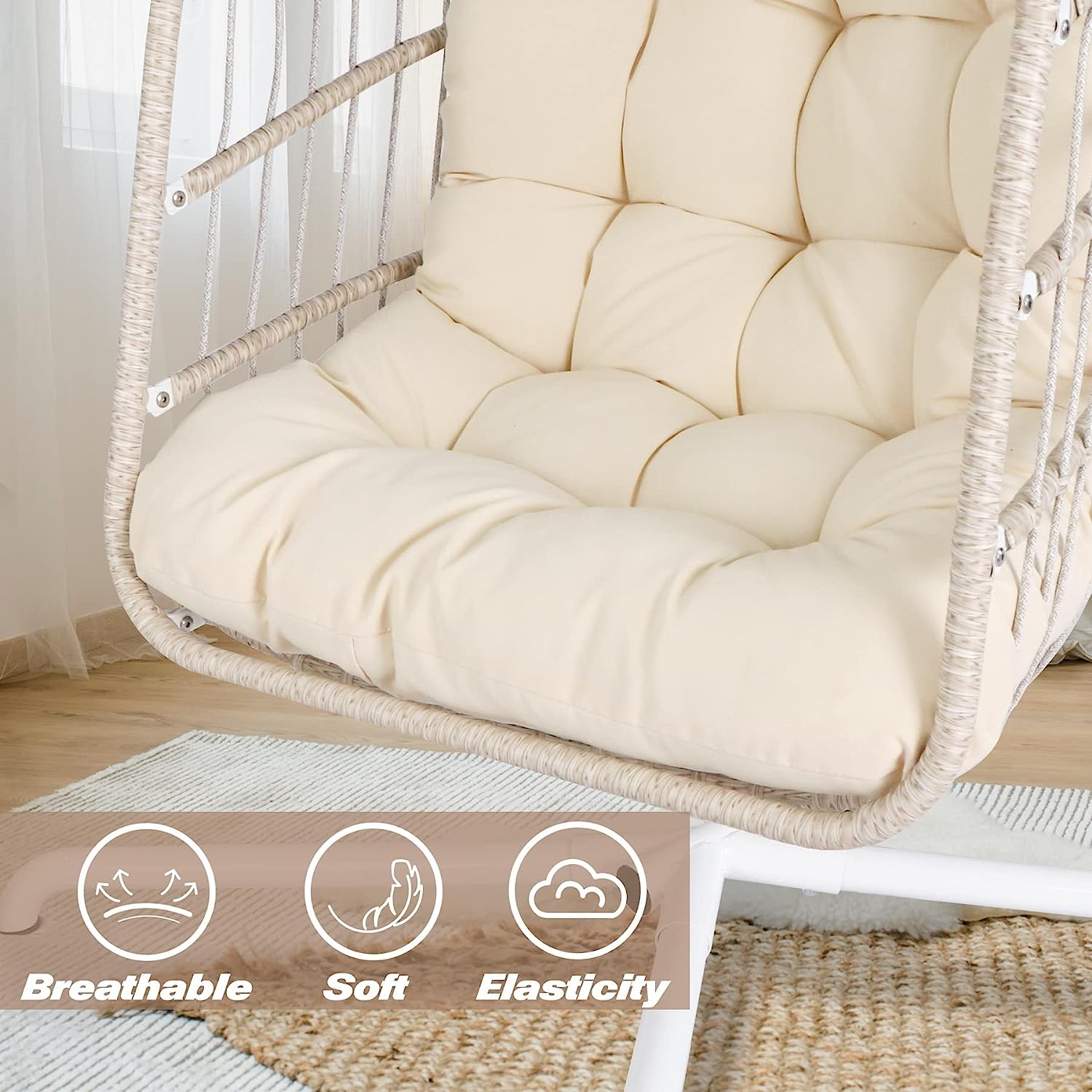 Chihee Egg Chair Foldable Wicker Rattan Hanging Chair Swing Chair Indoor Outdoor Patio Wicker Chair Hammock Chair with Stainless Steel Hanging Kit Chain Link UV Resistant Cushion Bedroom Balcony