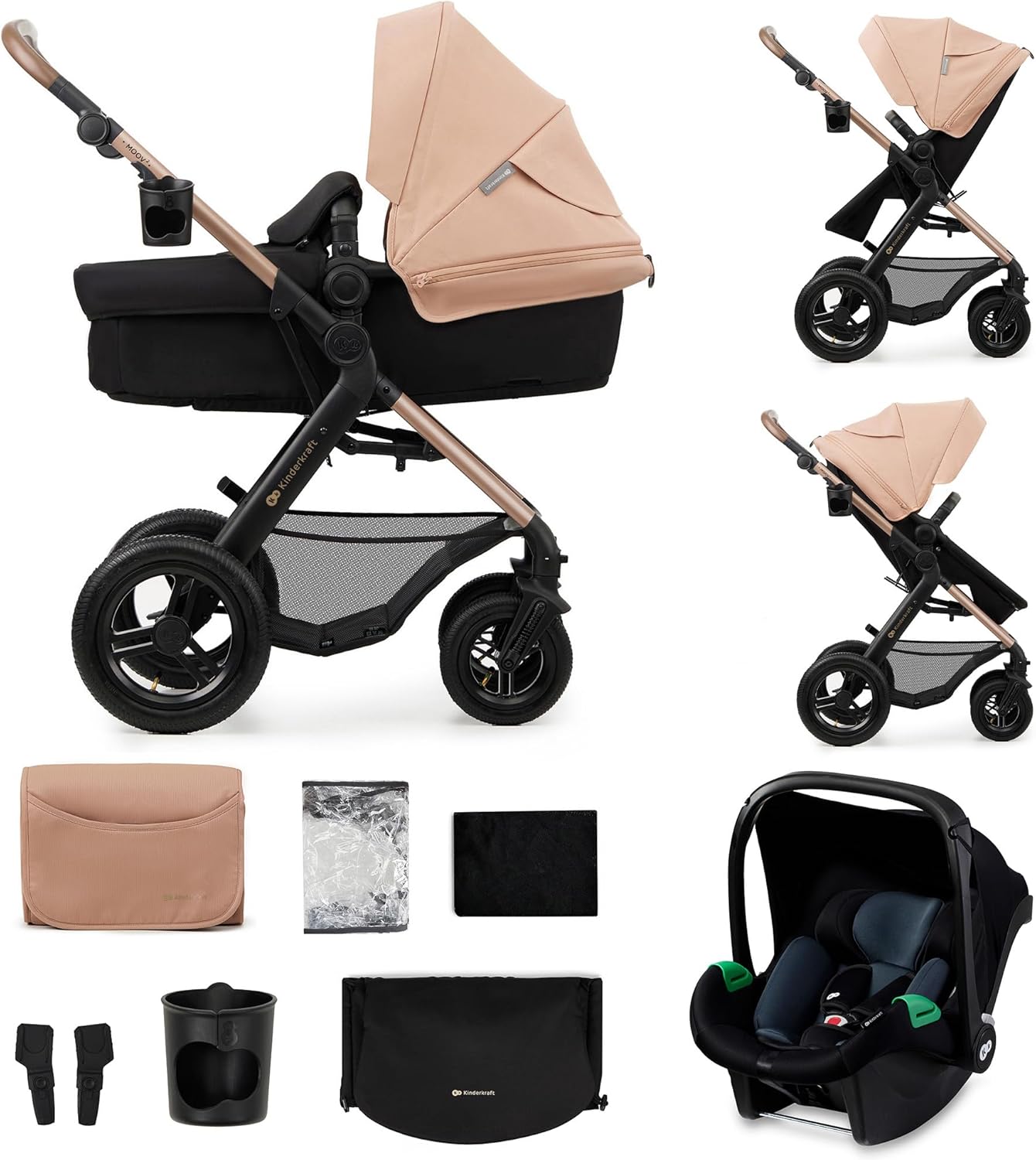 Kinderkraft MOOV2 Poussette 3 en 1, Système de voyage de la naissance à 27 kg, Siège auto Mink PRO I-Size inclus, Capote extensible avec filtre UPF50+, Accessoires pratiques, Gris
