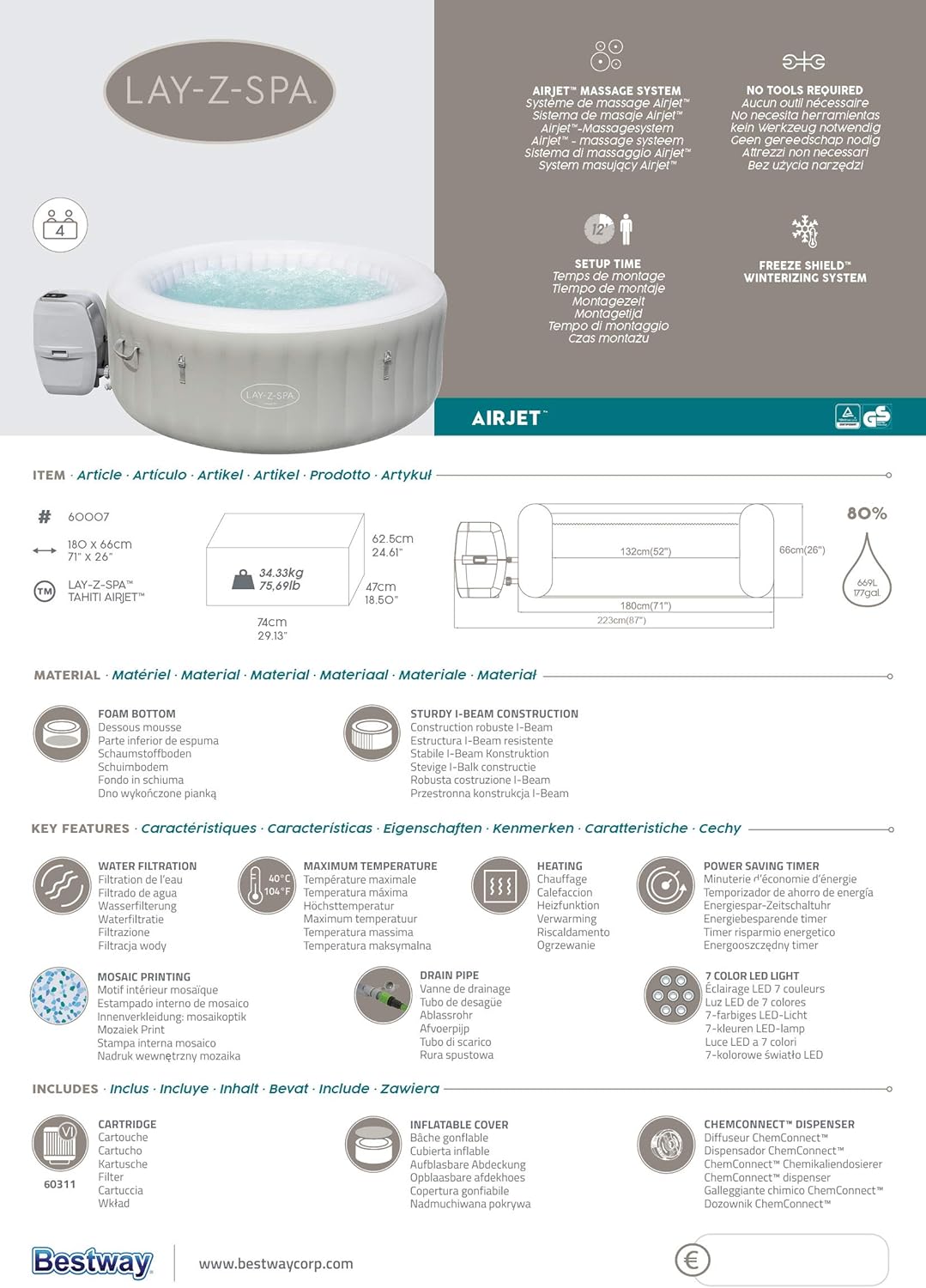 Spa gonflable rond BESTWAY Lay-Z-Spa® Miami Airjet™ 2 - 4 personnes