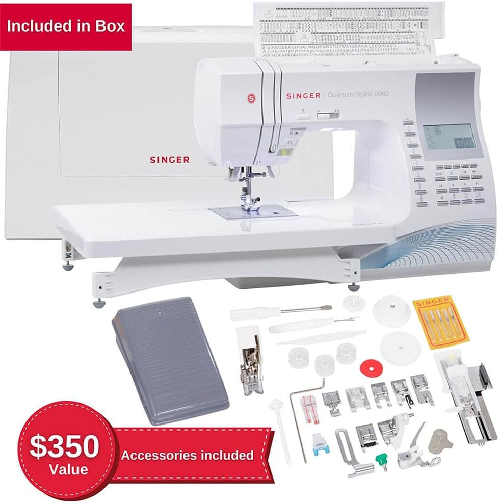 SINGER Quantum Stylist 9960 Computerized Portable Sewing Machine with 600-Stitches Electronic Auto Pilot Mode, Extension Table and Bonus Accessories, Perfect for Customizing Projects