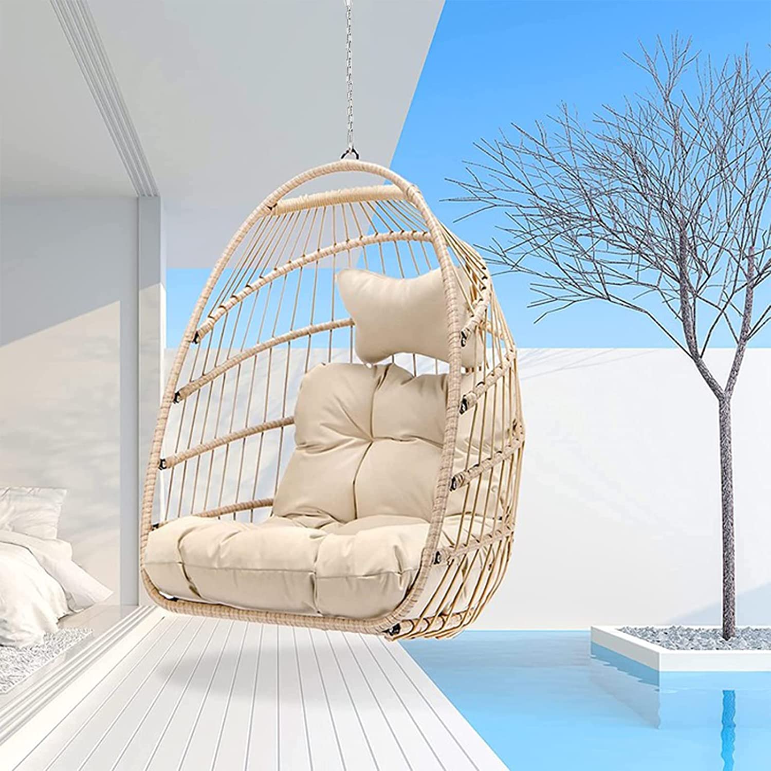 Swing Egg Chair Without Stand Indoor Outdoor Wicker Rattan Patio Basket Hanging Chair with UV Resistant Cushions 265lbs Capaticy for Bedroom Balcony Patio (Without Stand)