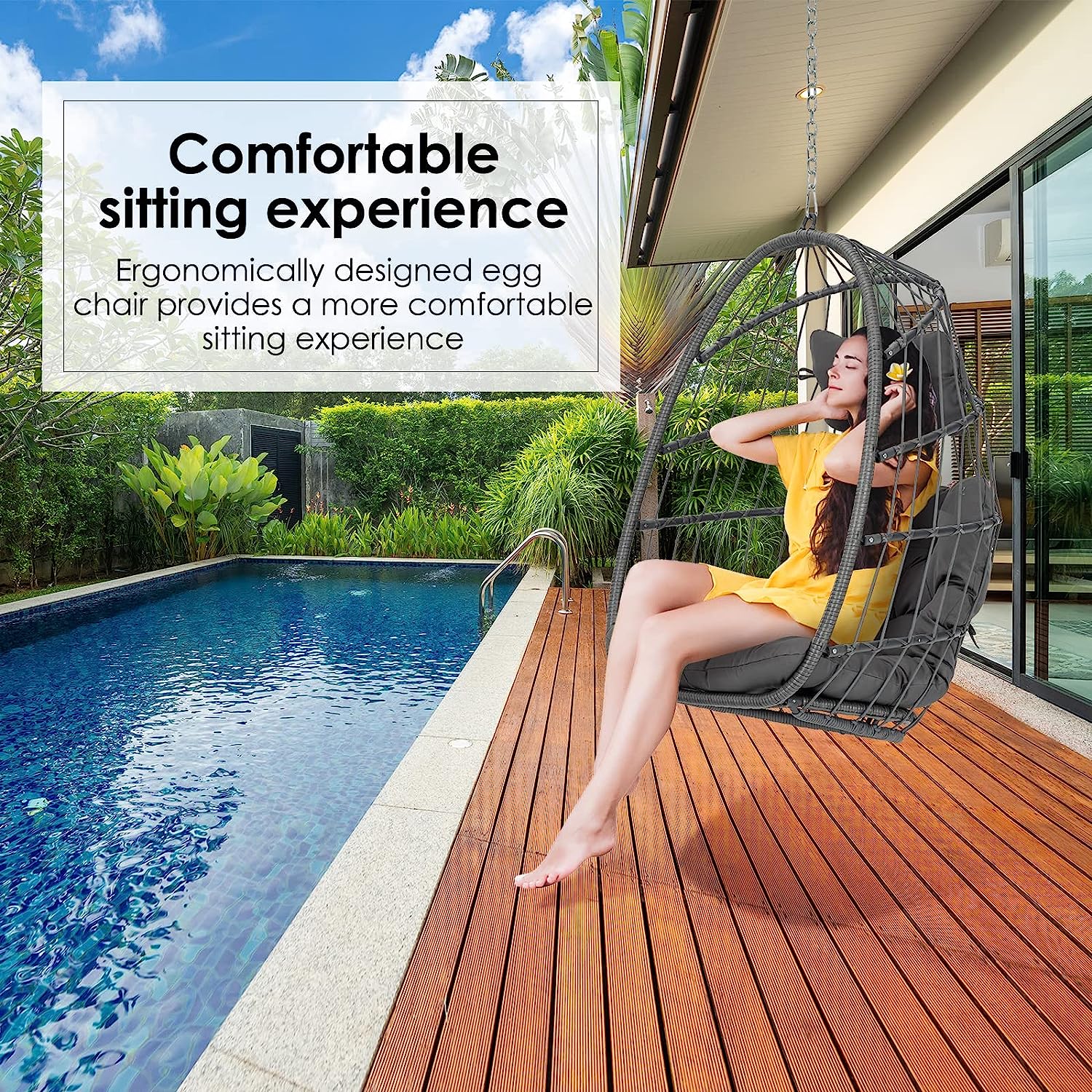 Hanging Egg Chair Without Stand - Foldable Indoor Outdoor Wicker Rattan Swing Egg Chair with Hanging Chain Hammock Chair - UV Resistant Cushions & Aluminum Frame for Bedroom Patio Camping (Grey)