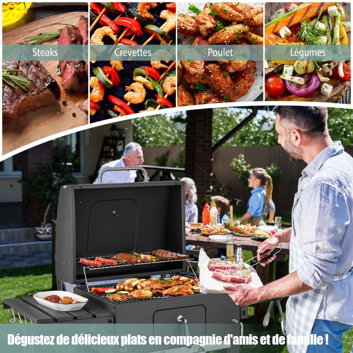 Barbecue à Charbon de Bois Portable avec 2 Tables d'Appoint Noir