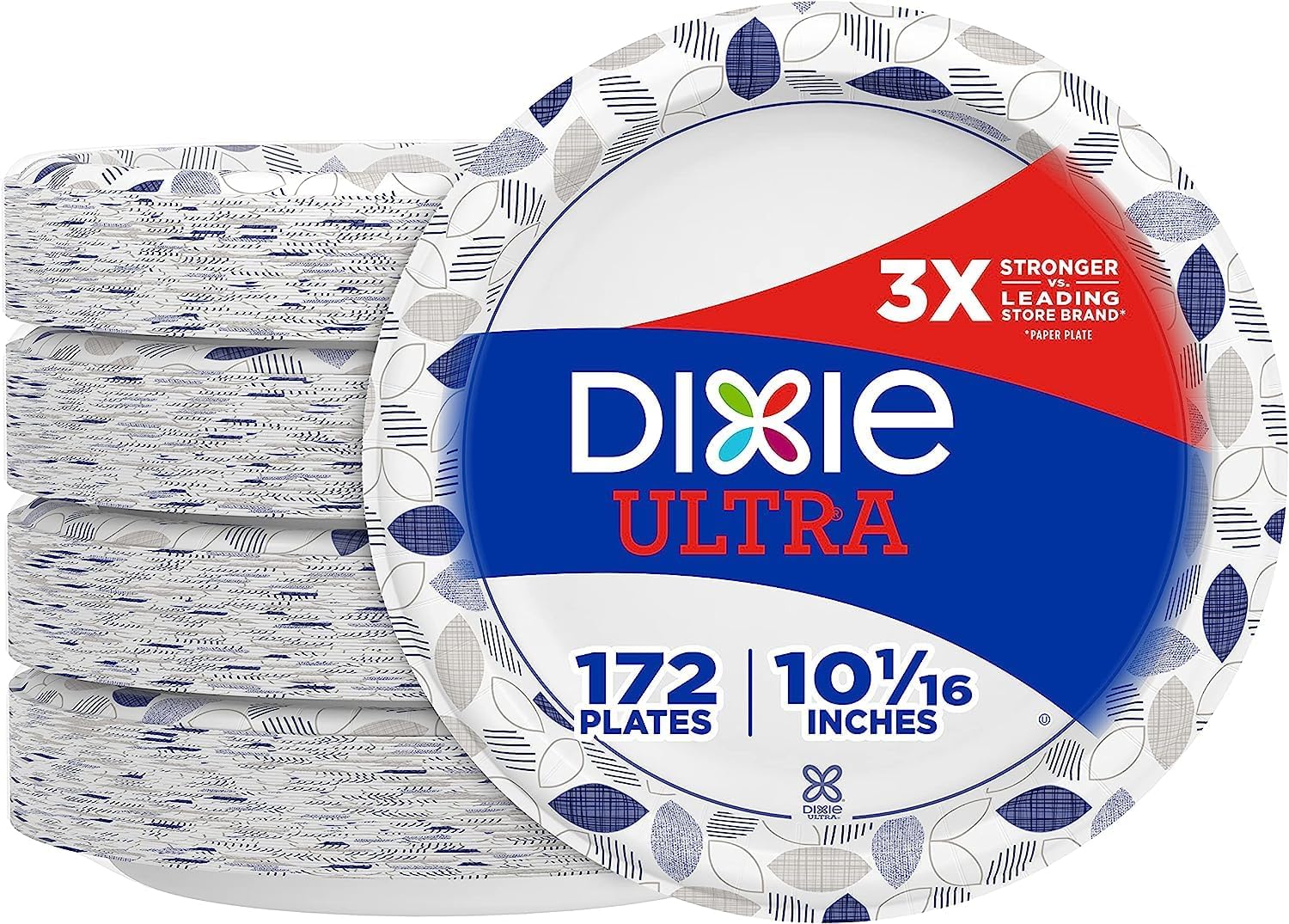 Dixie Ultra Paper Plates, 10 1/16 inch, Dinner Size Printed Disposable Plate, 172 Count (4 Packs of 43 Plates), Packaging and Design May Vary