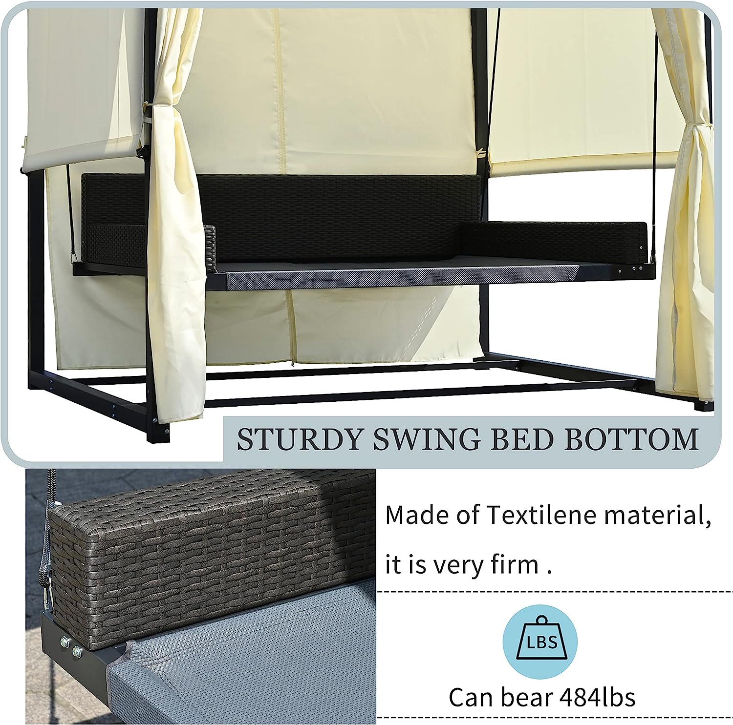 Merax 3-Seat Patio Swing Bed,Outdoor Porch Chair with Adjustable Canopy and Durable Steel Frame for Patio, Garden, Poolside Dark Grey