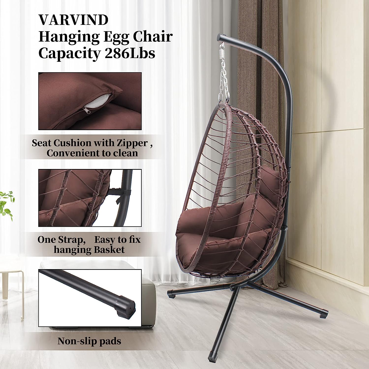 VARVIND Hammock Chair,Swing Egg Chiar with Stand and Cushions, Pillow, Foldable Wicker Rattan Hanging Egg Chair,Adjustable Height,Anti-UV&Waterproof, Indoor and Outdoor Use,286Lbs(Brown)