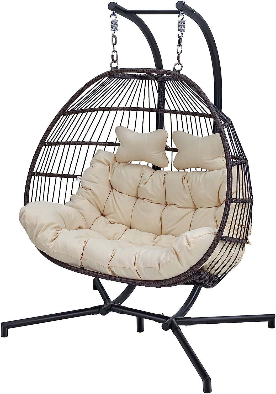 Hanging Egg Chair with Stand, 2 Person Heavy Duty Hanging Wicker Rattan Swing Chair Basket Hammock Nest Chair Seat for Indoor Outdoor Patio Lounger Swinging Loveseat (Beige)