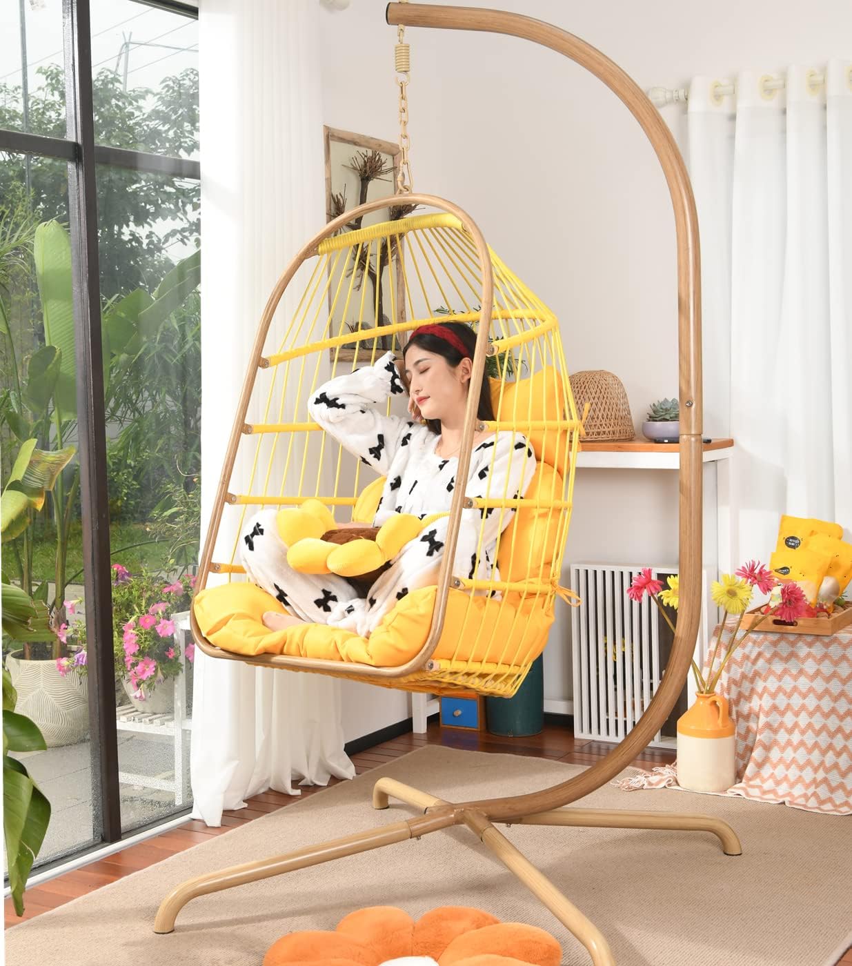 MOJIA Egg Chair with Stand and Oxford Cover, Patio Wicker Hanging Swing Chair with UV Resistant Cushion and Foldable Seat Basket