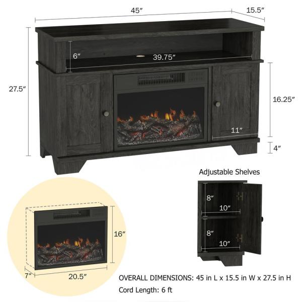 45 in Black Electric Fireplace TV Stand Fits TVs up to 47 in with Media Shelves and Cabinets