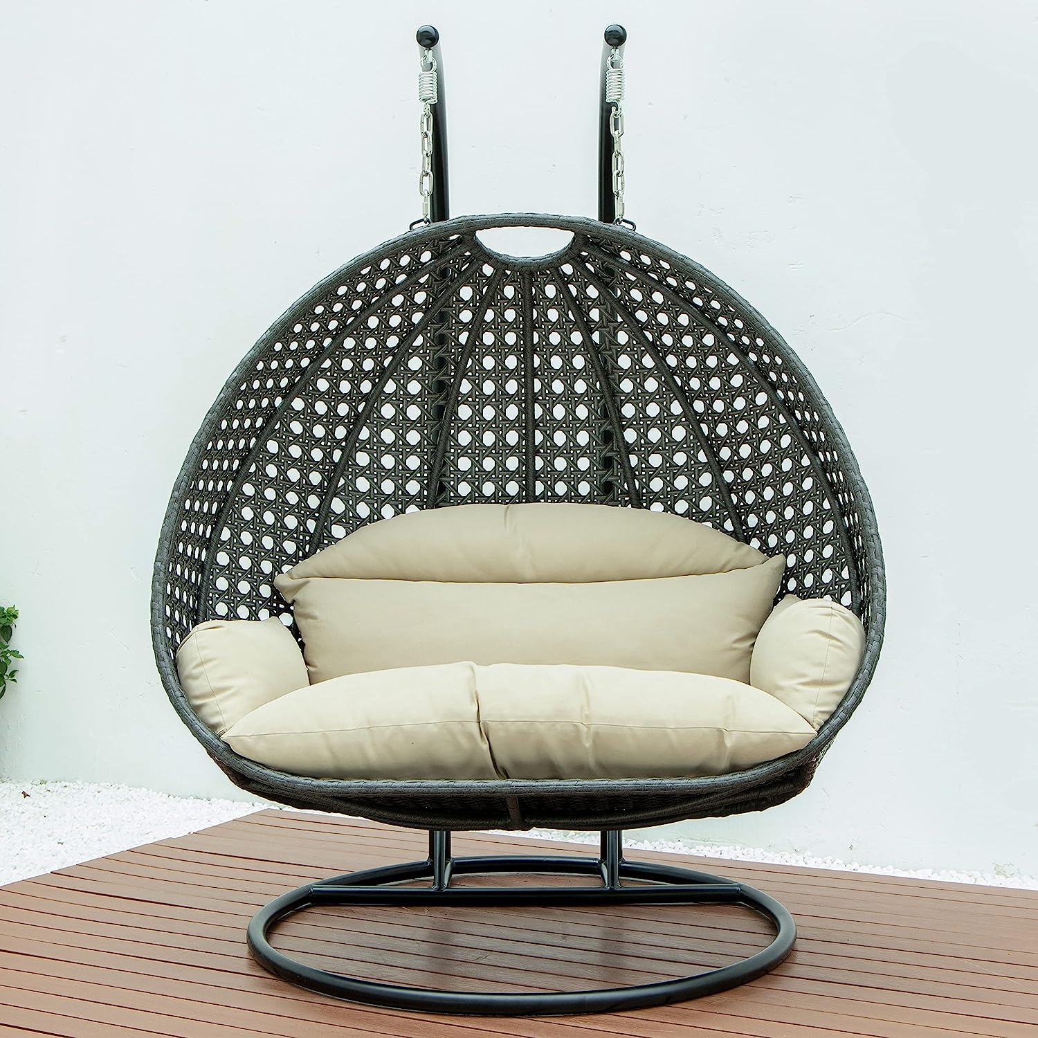 LeisureMod 2 Person Hanging Double Swing Chair, X-Large Wicker Rattan Egg Chair with Stand and Cushion for Indoor Outdoor Patio Garden (Light Green)