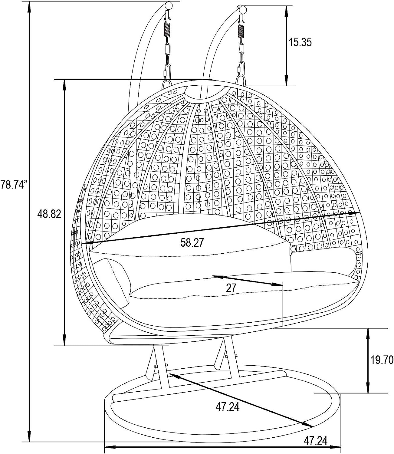 LeisureMod 2 Person Hanging Double Swing Chair, X-Large Wicker Rattan Egg Chair with Stand and Cushion for Indoor Outdoor Patio Garden (Light Green)