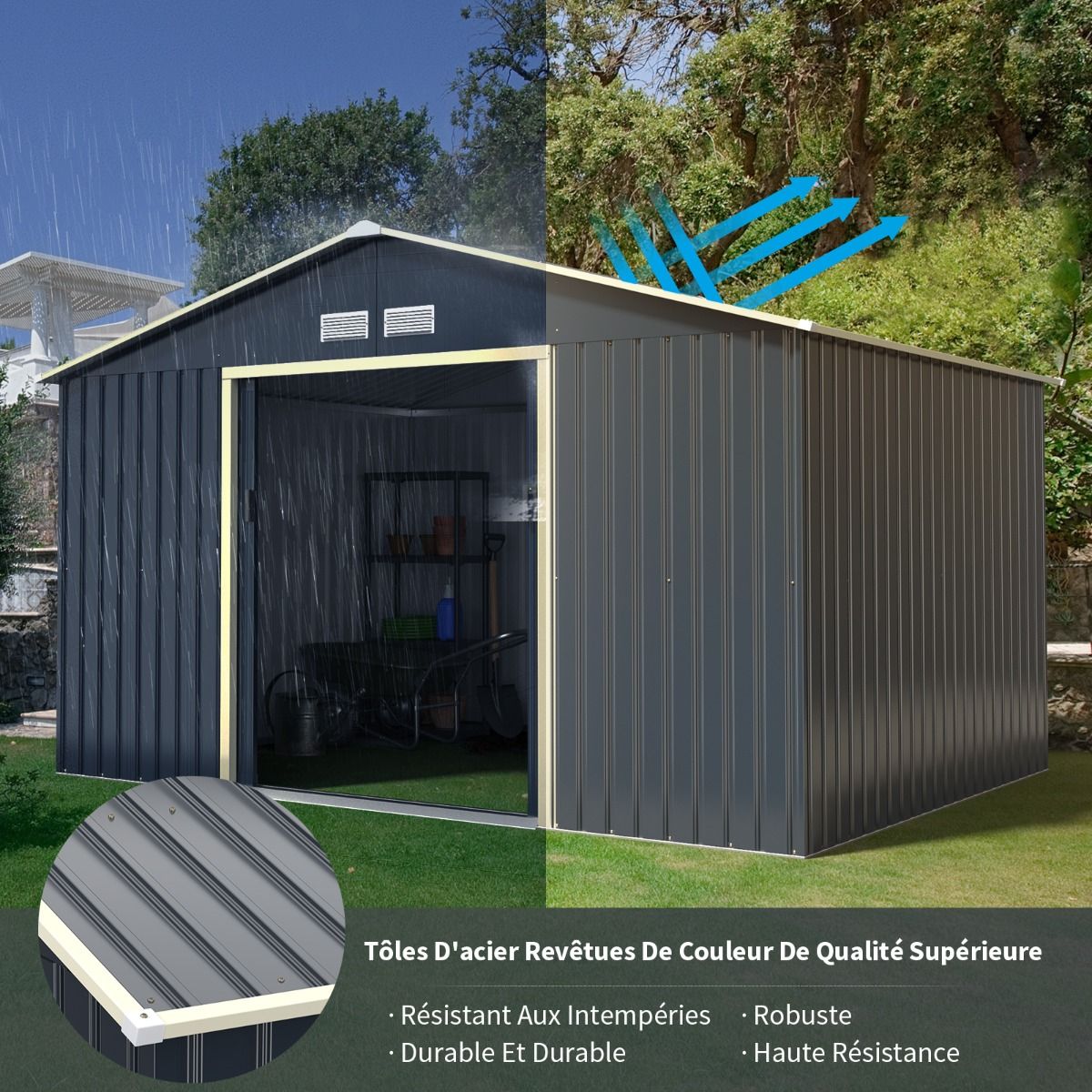 Abri de Jardin en Métal & Extension 10.85㎡ avec 2 Portes Coulissantes Verrouillables 4 Trous d’Aération Gris pour Vélo