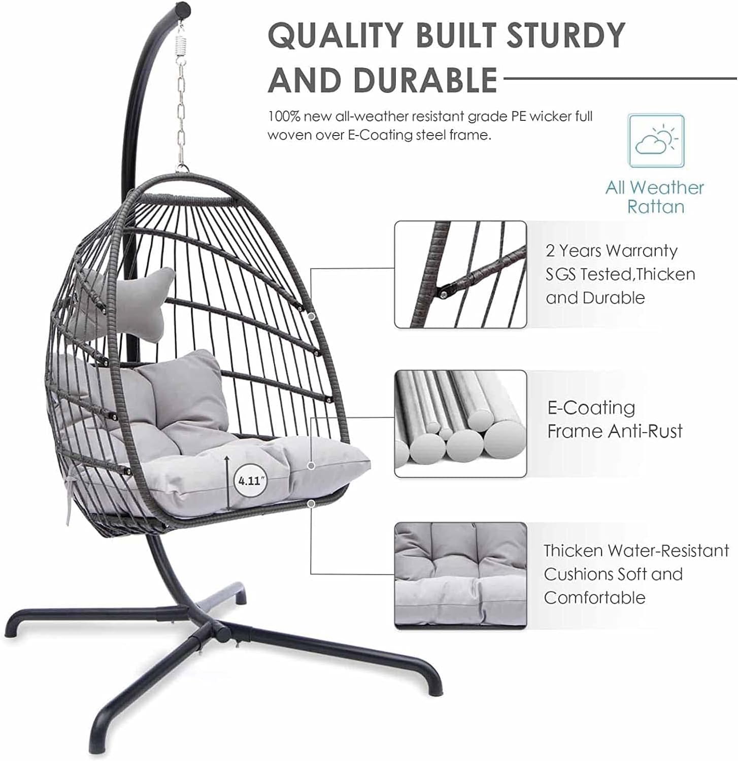 NICESOUL® Indoor Outdoor Patio Wicker Hanging Chair Swing Egg Basket Chairs with Stand UV Resistant Cushions 350lbs Capaticy for Patio Backyard Balcony Xmas Gift