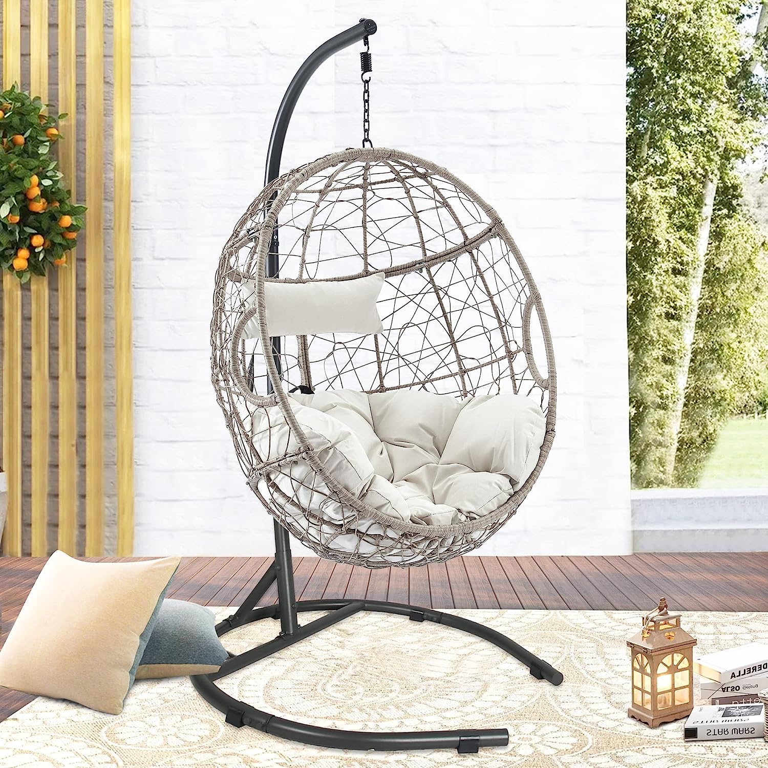 Ulax Furniture Outdoor Wicker Hanging Chair Indoor Swing Egg Chair with Stand Patio Rattan Hammock Basket Chair with Soft Deep Fluffy Cushion