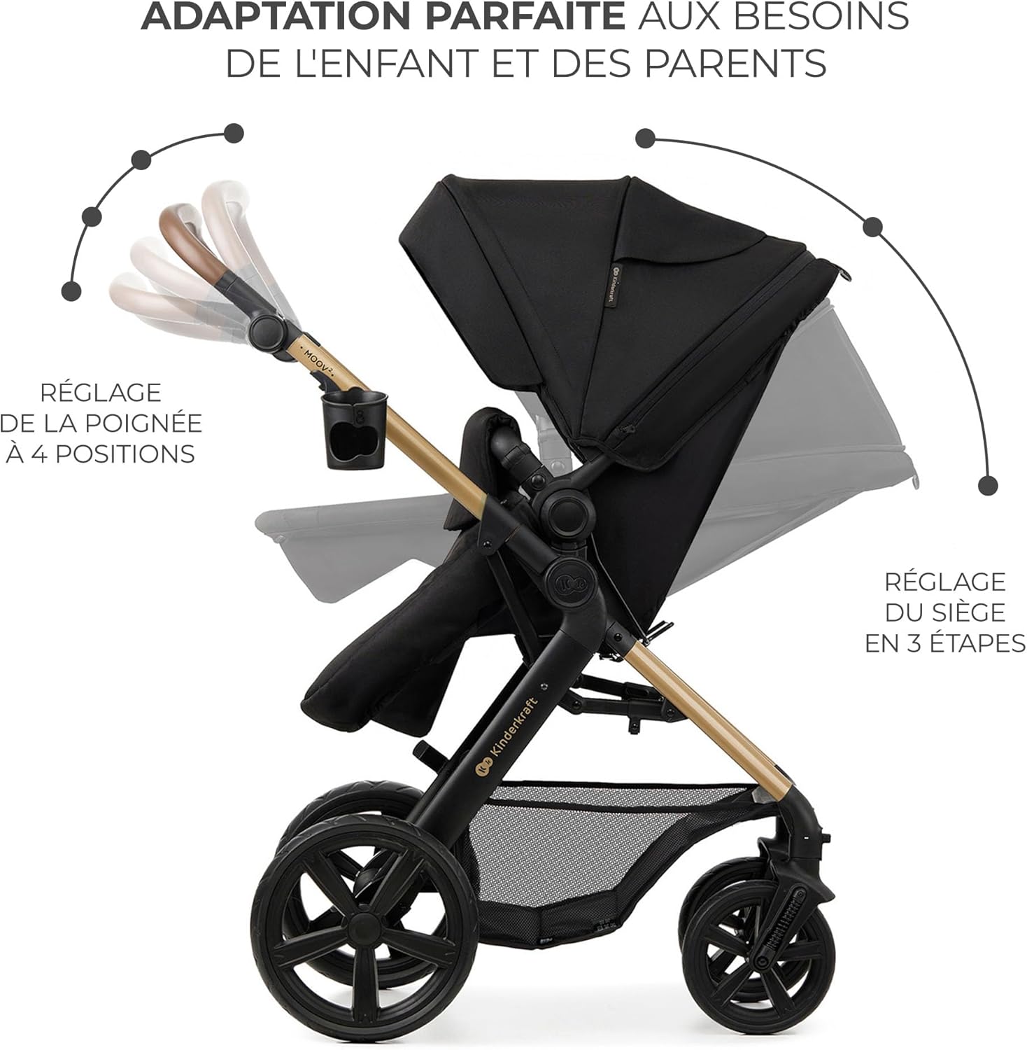 Kinderkraft MOOV2 Poussette 3 en 1, Système de voyage de la naissance à 27 kg, Siège auto Mink PRO I-Size inclus, Capote extensible avec filtre UPF50+, Accessoires pratiques, Gris
