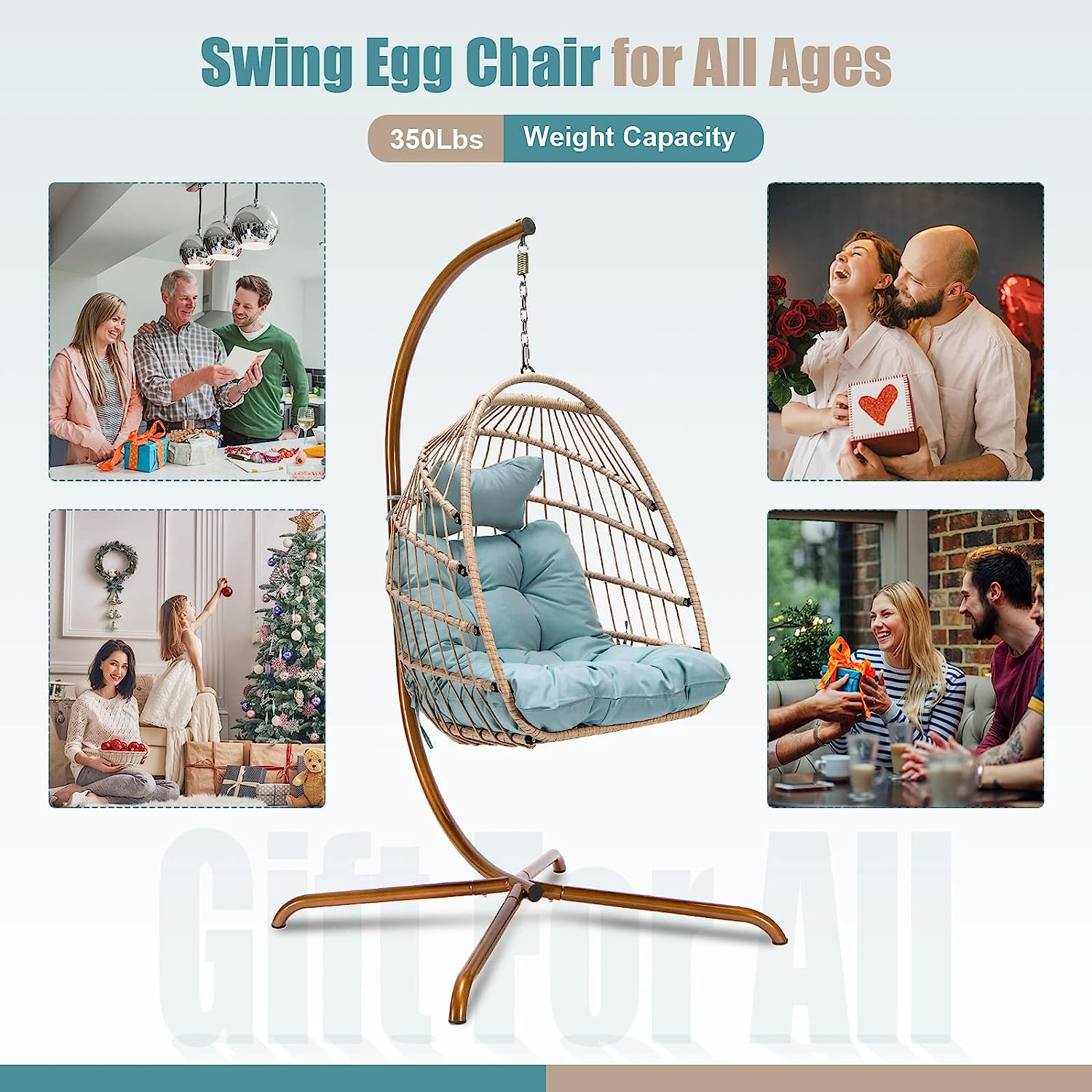 NICESOUL® Indoor Outdoor Patio Wicker Hanging Chair Swing Egg Basket Chairs with Stand UV Resistant Cushions 350lbs Capaticy for Patio Backyard Balcony Xmas Gift