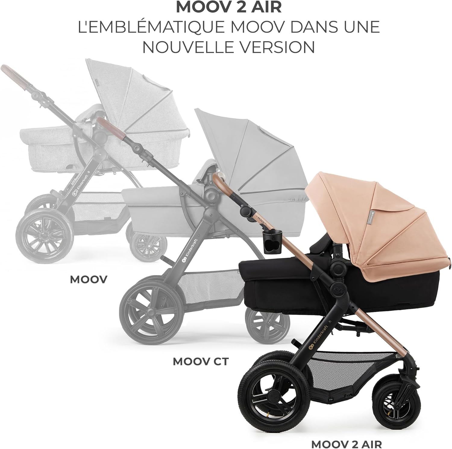 Kinderkraft MOOV2 Poussette 3 en 1, Système de voyage de la naissance à 27 kg, Siège auto Mink PRO I-Size inclus, Capote extensible avec filtre UPF50+, Accessoires pratiques, Gris