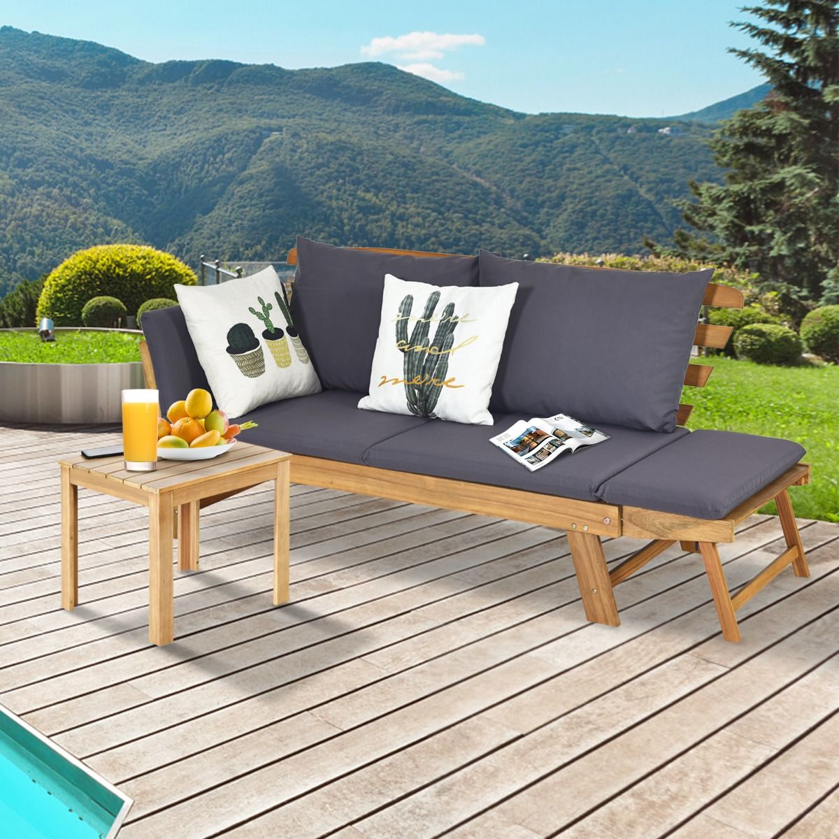 Chaise Longue Convertible avec Coussin Canapé de Jardin 2 en 1 en Bois d’Acacia avec Accoudoir Réglable pour Patio Piscine Jardin Blanc/Gris/Bleu/Rouge