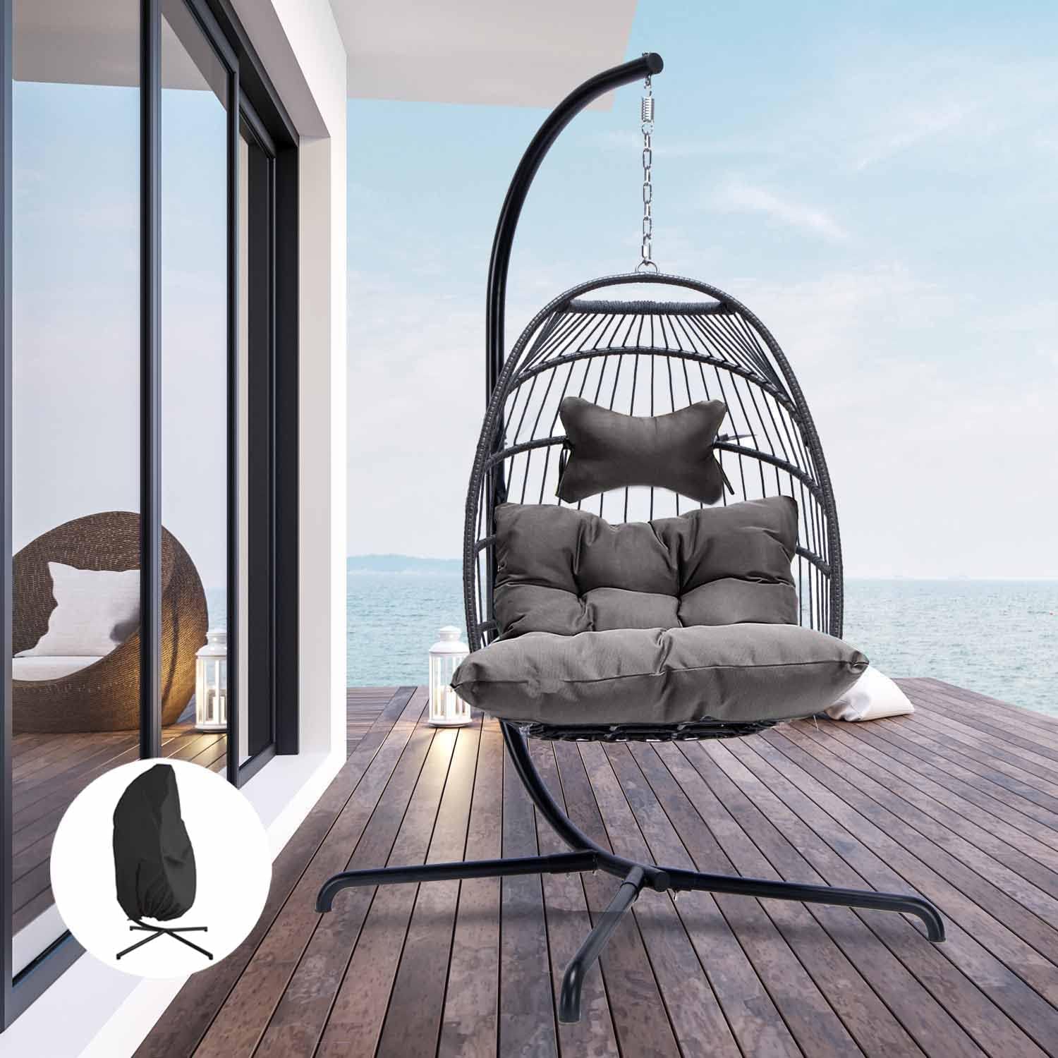 NICESOUL® Indoor Outdoor Patio Wicker Hanging Chair Swing Egg Basket Chairs with Stand UV Resistant Cushions 350lbs Capaticy for Patio Backyard Balcony Xmas Gift