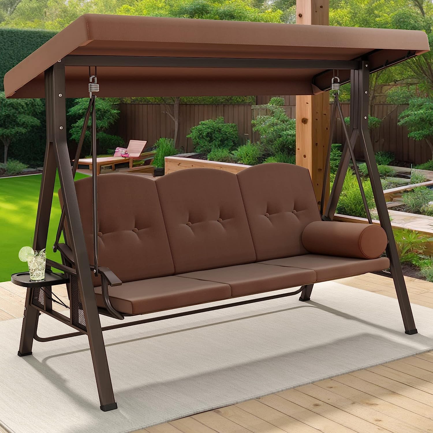YITAHOME 3-Seat Deluxe Porch Swing Outdoor Heavy Duty Patio Swing Chair with Adjustable Canopy Removable Cushions Weather Resistant Steel Frame Suitable for Garden, Lawn, Backyard, Balcony, Brown