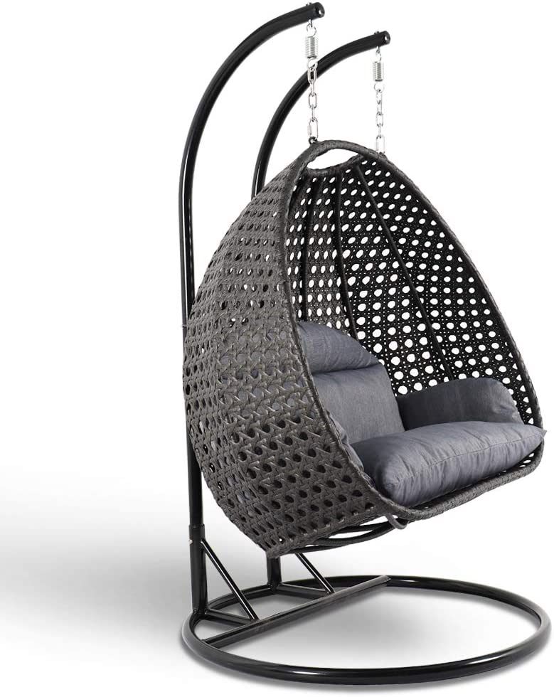 LeisureMod 2 Person Hanging Double Swing Chair, X-Large Wicker Rattan Egg Chair with Stand and Cushion for Indoor Outdoor Patio Garden (Light Green)