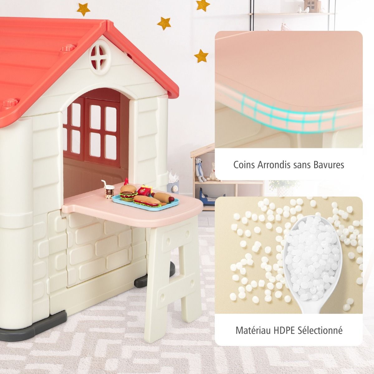 Maison Chef House -Thème Burger Bar - Table de Pique Nique Cabane de Jardin Anti-UV en Plastique 164x124x132 cm Bleu/Rose/Jaune