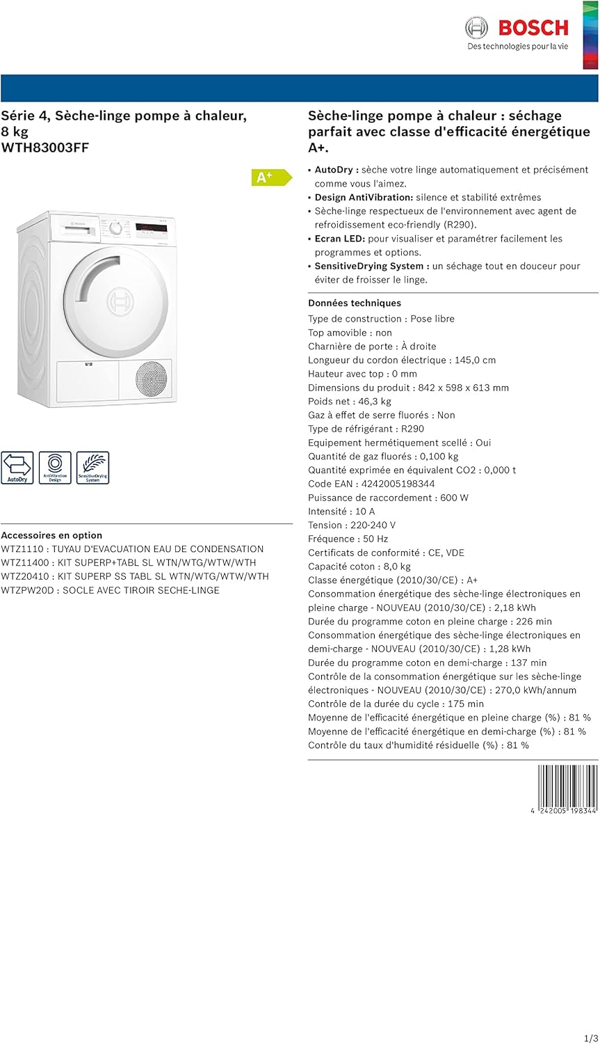 Bosch WTN85V07FF Sèche linge à condensation Série 4 - Silencieux - Pose Libre - 7kg - 112 L - Blanc