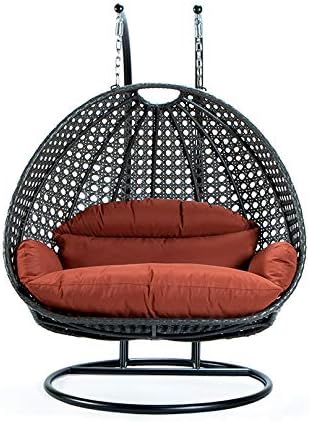 LeisureMod 2 Person Hanging Double Swing Chair, X-Large Wicker Rattan Egg Chair with Stand and Cushion for Indoor Outdoor Patio Garden (Light Green)