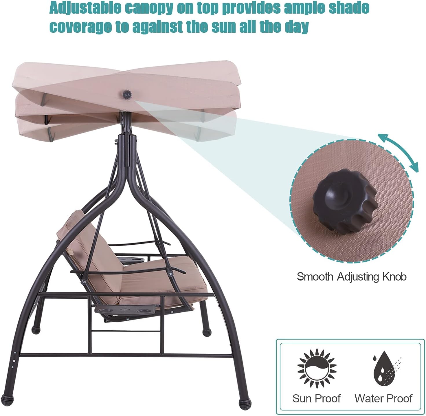 MFSTUDIO 3 Seat Patio Porch Swing, Outdoor Adjustable Canopy Swing Glider with Foldable Side Table and Removable Cushion for,Garden, Poolside, Balcony, Backyard (Beige) …