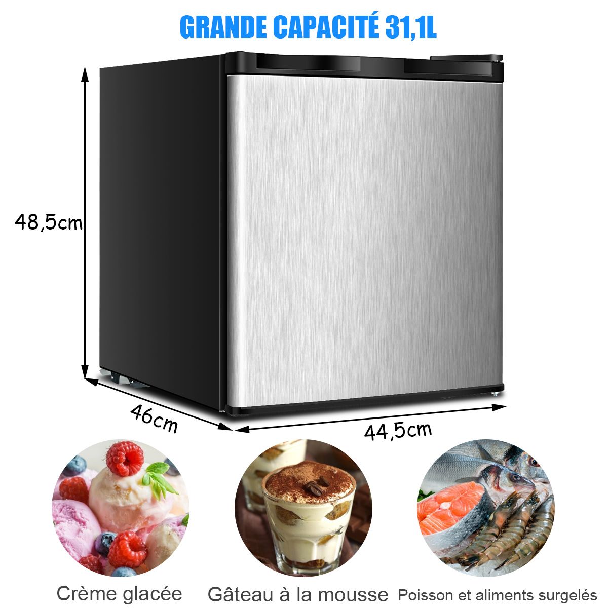 Mini Congélateur Vertical Capacité 31,1 L Porte Réversible en Acier Inoxydable Contrôle Mécanique Température Réglable
