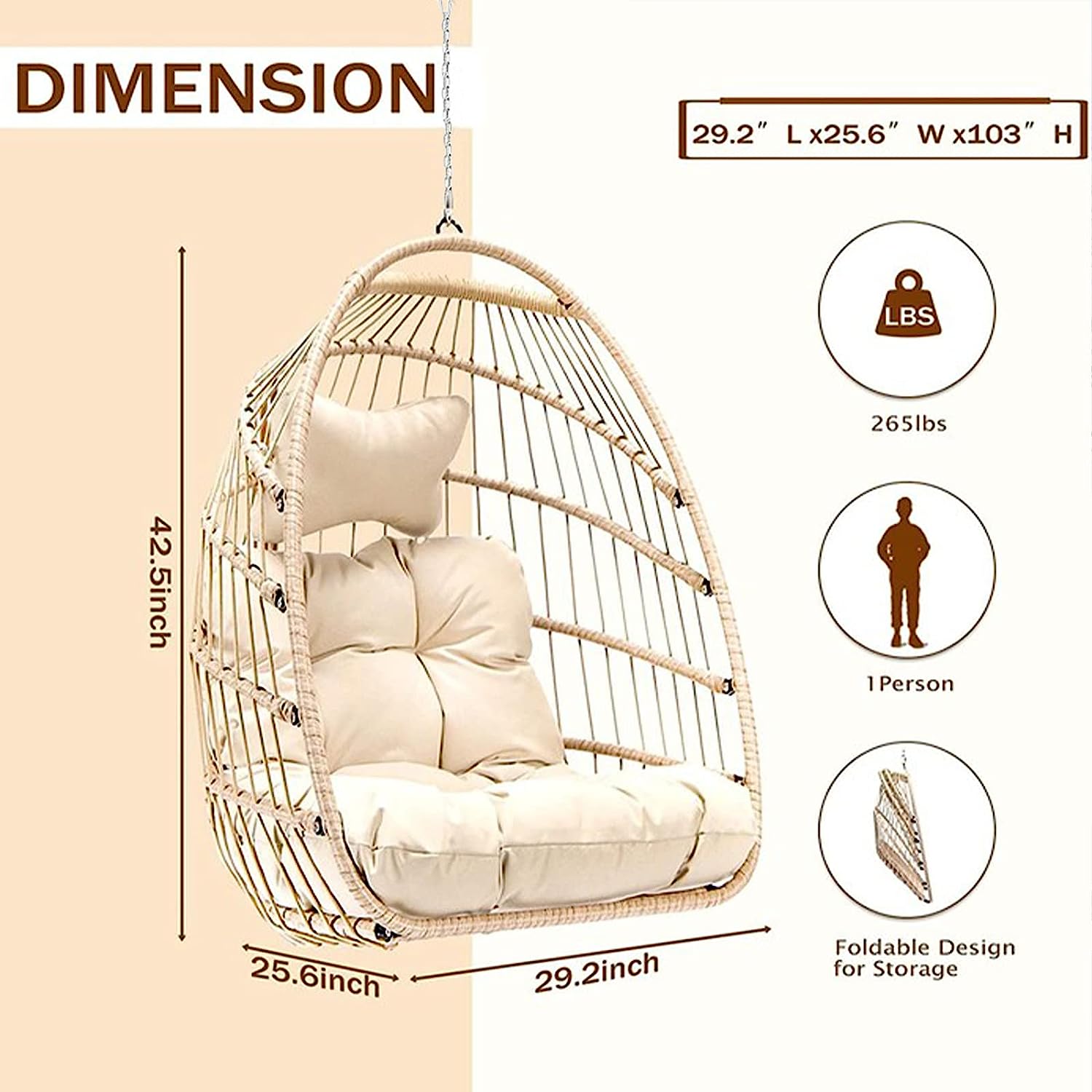 Swing Egg Chair Without Stand Indoor Outdoor Wicker Rattan Patio Basket Hanging Chair with UV Resistant Cushions 265lbs Capaticy for Bedroom Balcony Patio (Without Stand)
