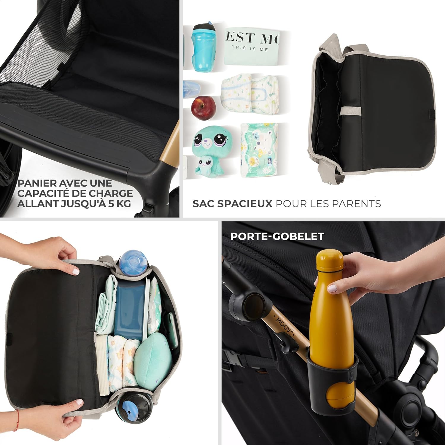 Kinderkraft MOOV2 Poussette 3 en 1, Système de voyage de la naissance à 27 kg, Siège auto Mink PRO I-Size inclus, Capote extensible avec filtre UPF50+, Accessoires pratiques, Gris