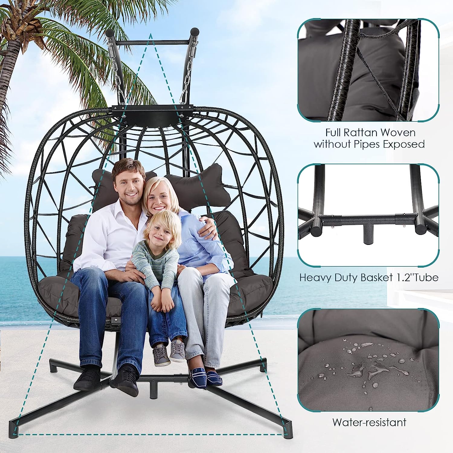RADIATA Double Egg Chair with Stand Luxury Outdoor Patio Wicker Loveseat Hanging Swing Egg Chairs with Resistant Cushions Metal Frame 500 lbs Capaticy for 2 Persons Patio Backyard Balcony