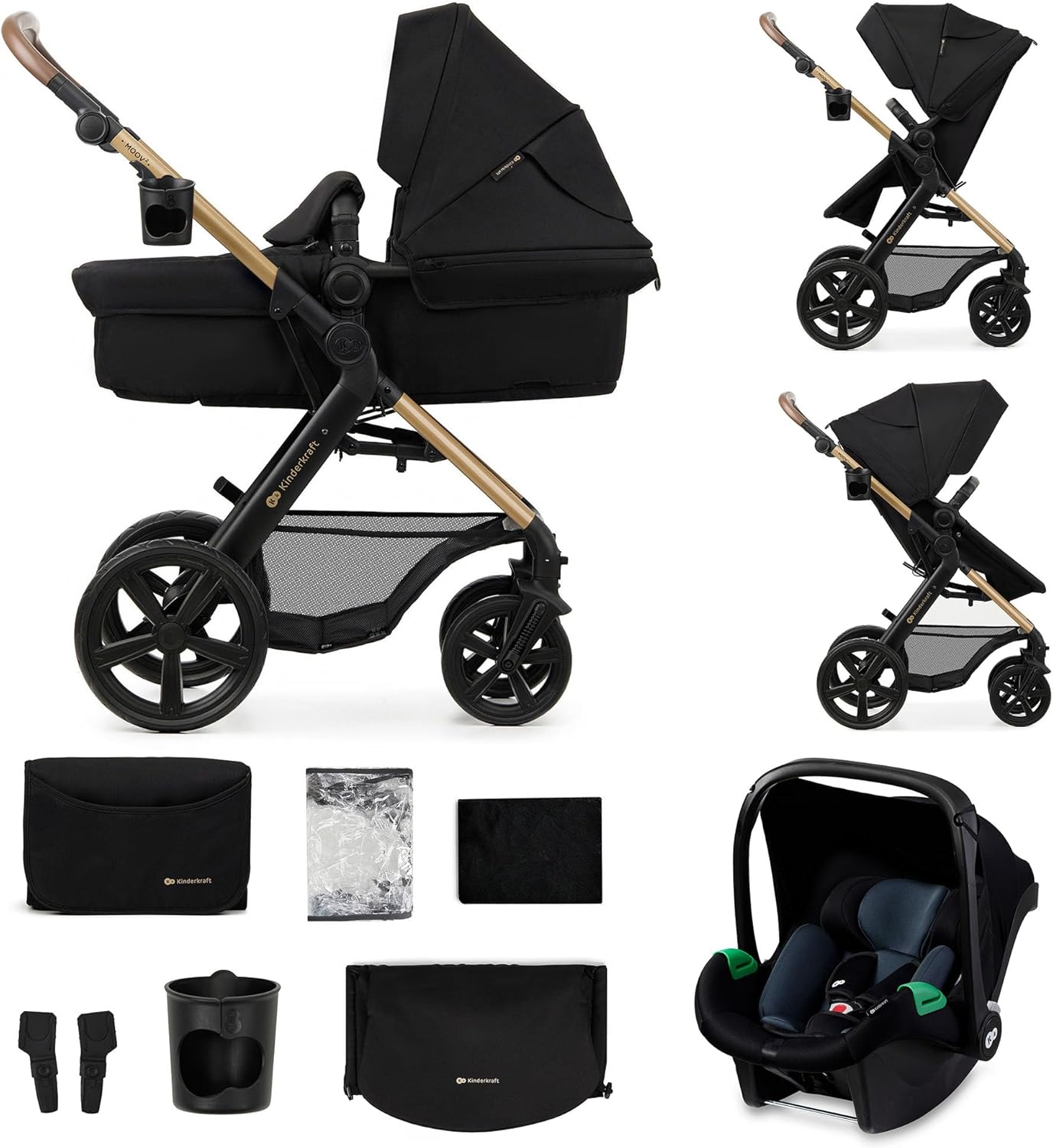 Kinderkraft MOOV2 Poussette 3 en 1, Système de voyage de la naissance à 27 kg, Siège auto Mink PRO I-Size inclus, Capote extensible avec filtre UPF50+, Accessoires pratiques, Gris